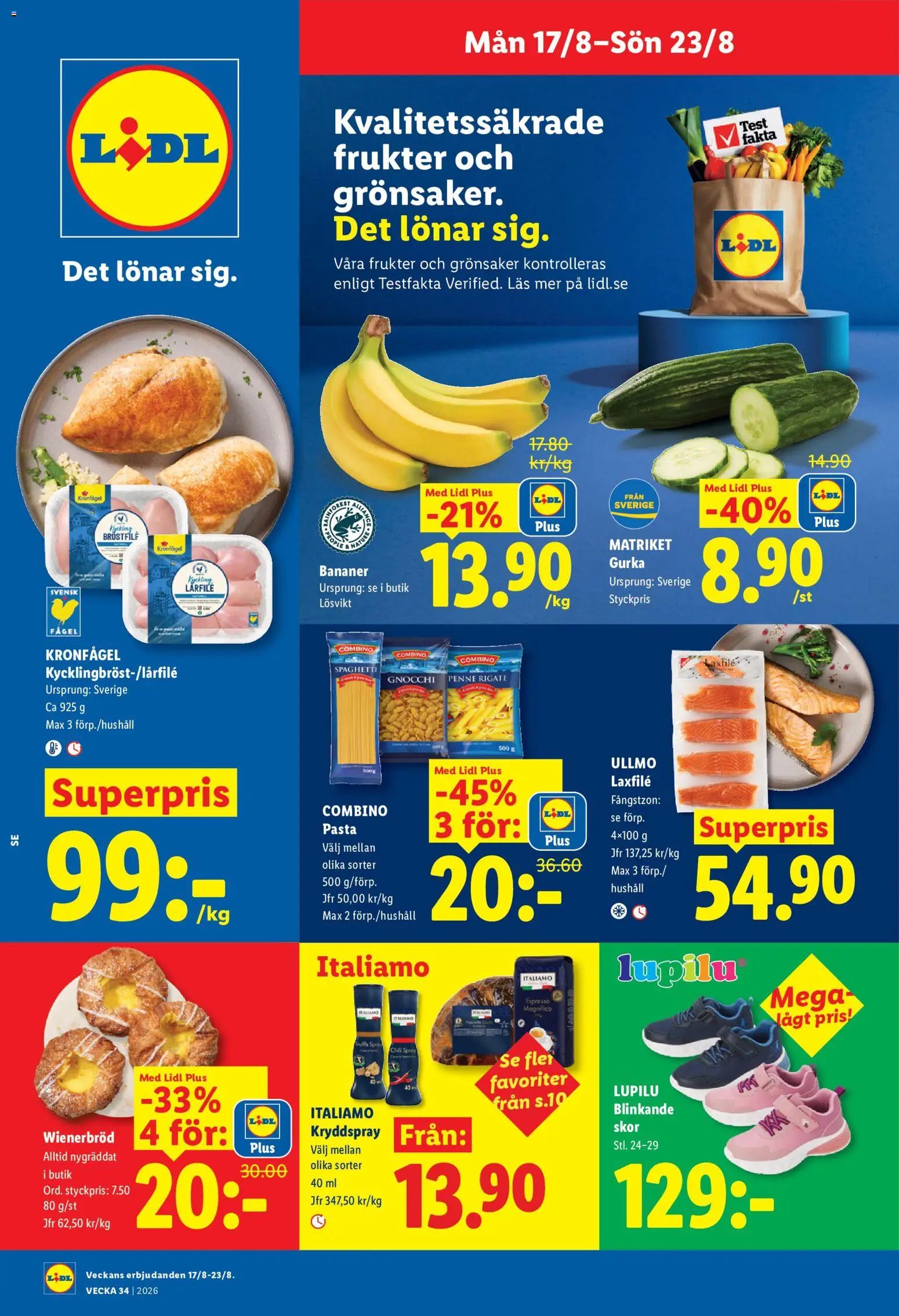 Lidl reklamblad aktuell från 17/08/2026 | Sida: 1 | Produkter: Bananer, Pasta, Gnocchi, Gurka