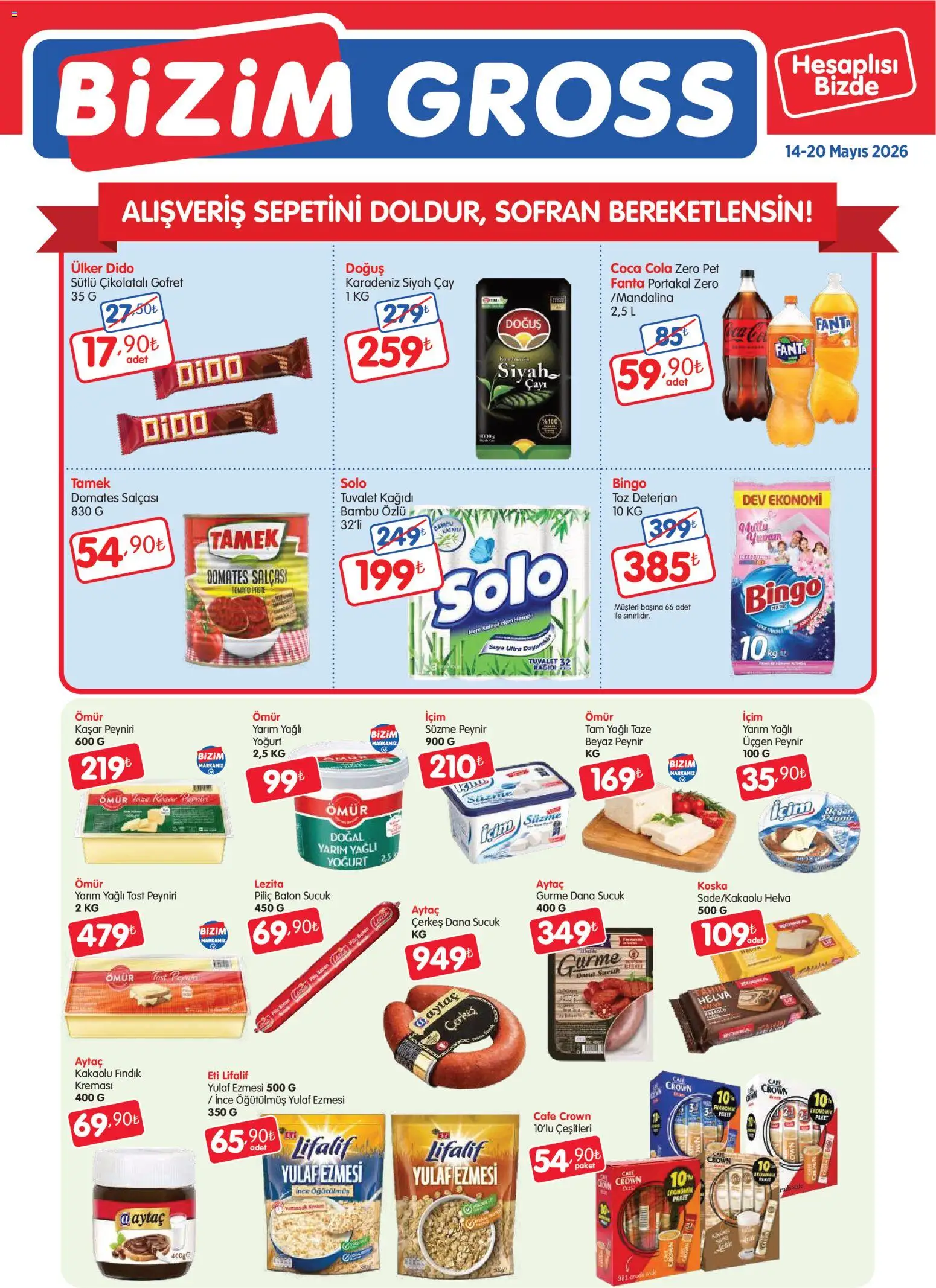 Bizim Toptan - Bizim Gross Fırsat Bülteni - 14.05.2026 tarihinden itibaren geçerlidir | Sayfa: 1 | Ürünler: Çikolatalı gofret, Yulaf, Piliç, Tuvalet kağıdı