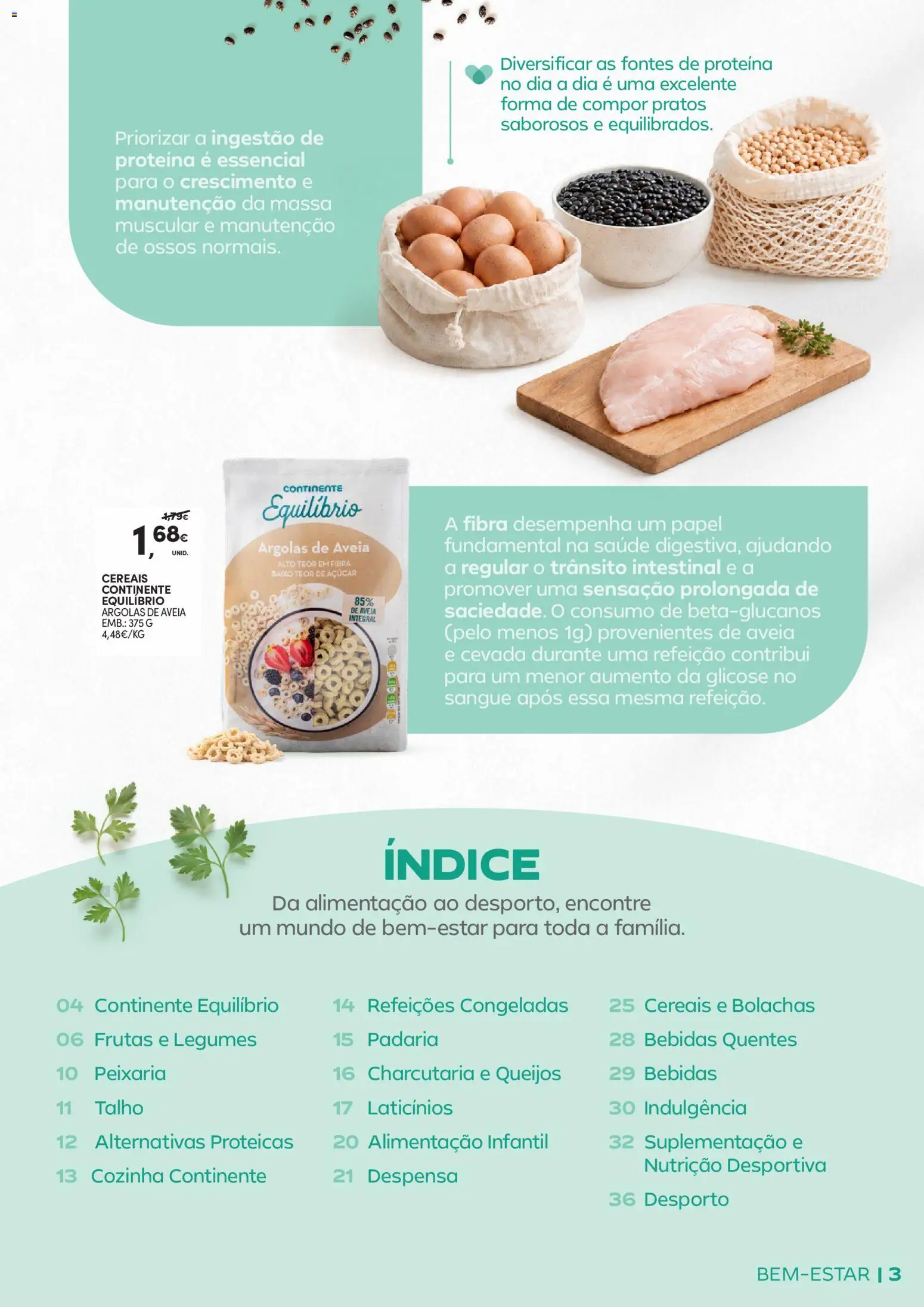 Continente Bem-Estar Assim toda a gente come melhor │ válido de 20/10/2026 | Página: 3 | Produtos: Aveia, Refeições congeladas, Açúcar, Proteina