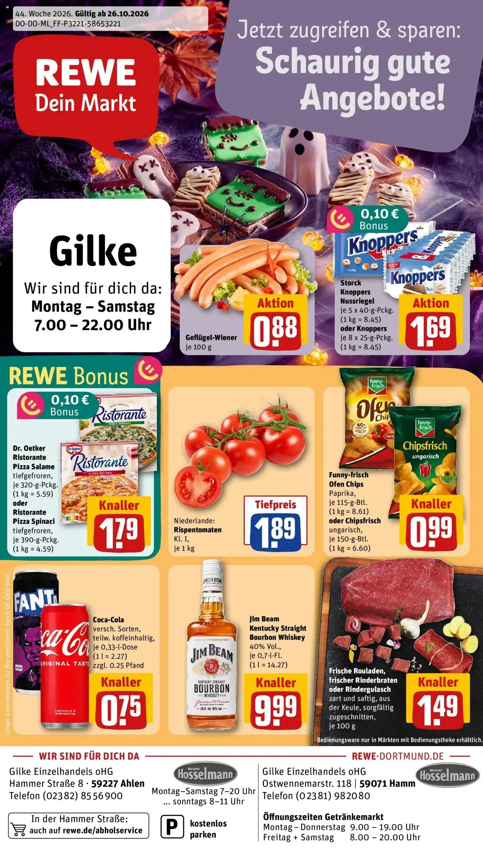 REWE Prospekt ab 26.10.2026 zum Blättern » Angebote | Seite: 1 | Produkte: Ofen, Pizza, Chips, Uhr