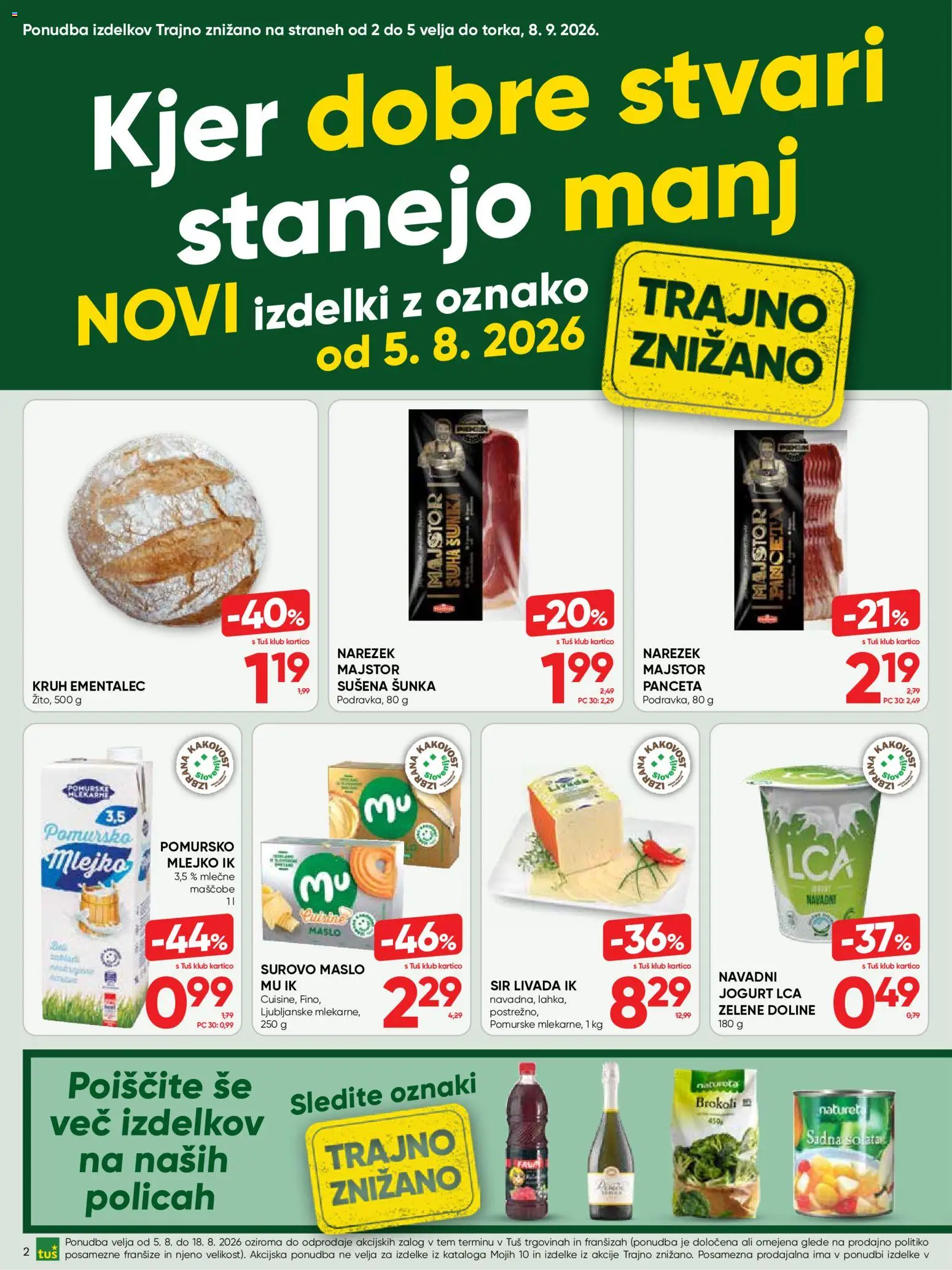 Novi Tuš katalog ponudbe – veljaven od 05.08.2026 | Stran: 2 | Izdelki: Panceta, Ementalec, Narezek, Sunka