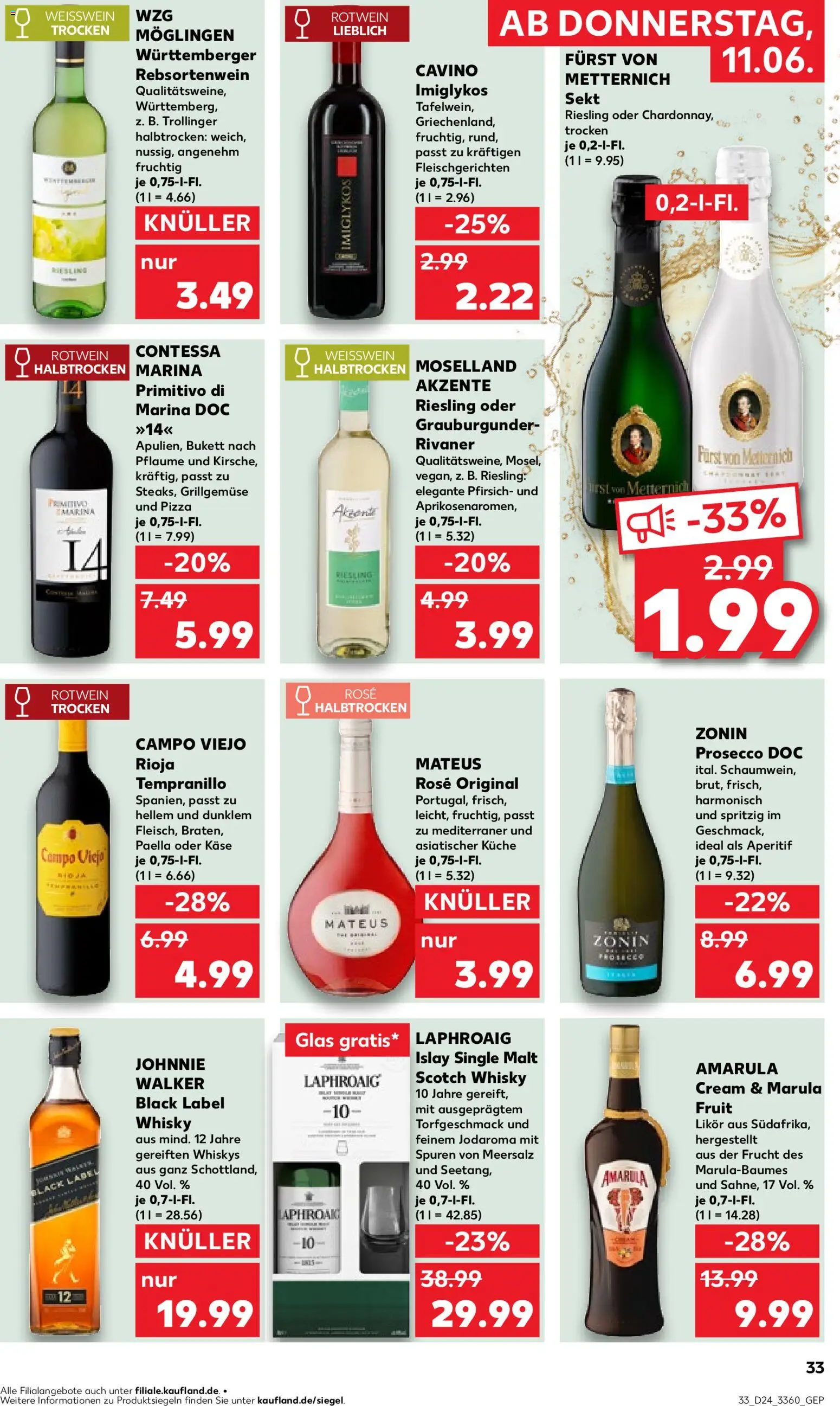 Kaufland Prospekt Frankfurt (Oder) – gültig ab 11.06.2026 | Seite: 33 | Produkte: Whisky, Käse, Weißwein halbtrocken, Pfirsich