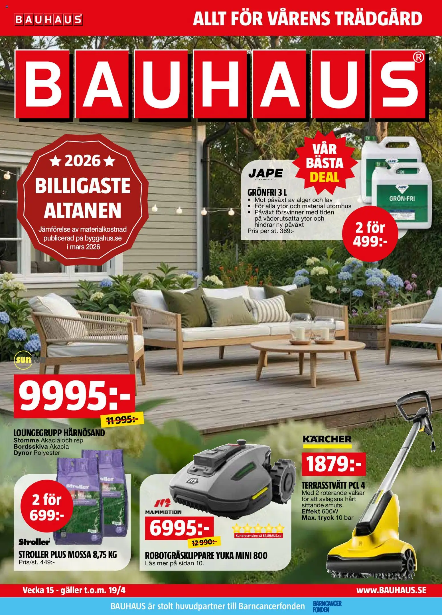 Bauhaus reklamblad aktuell från 01.04.2026 | Sida: 1 | Produkter: Robotgräsklippare, Dynor, Galler, Mössa