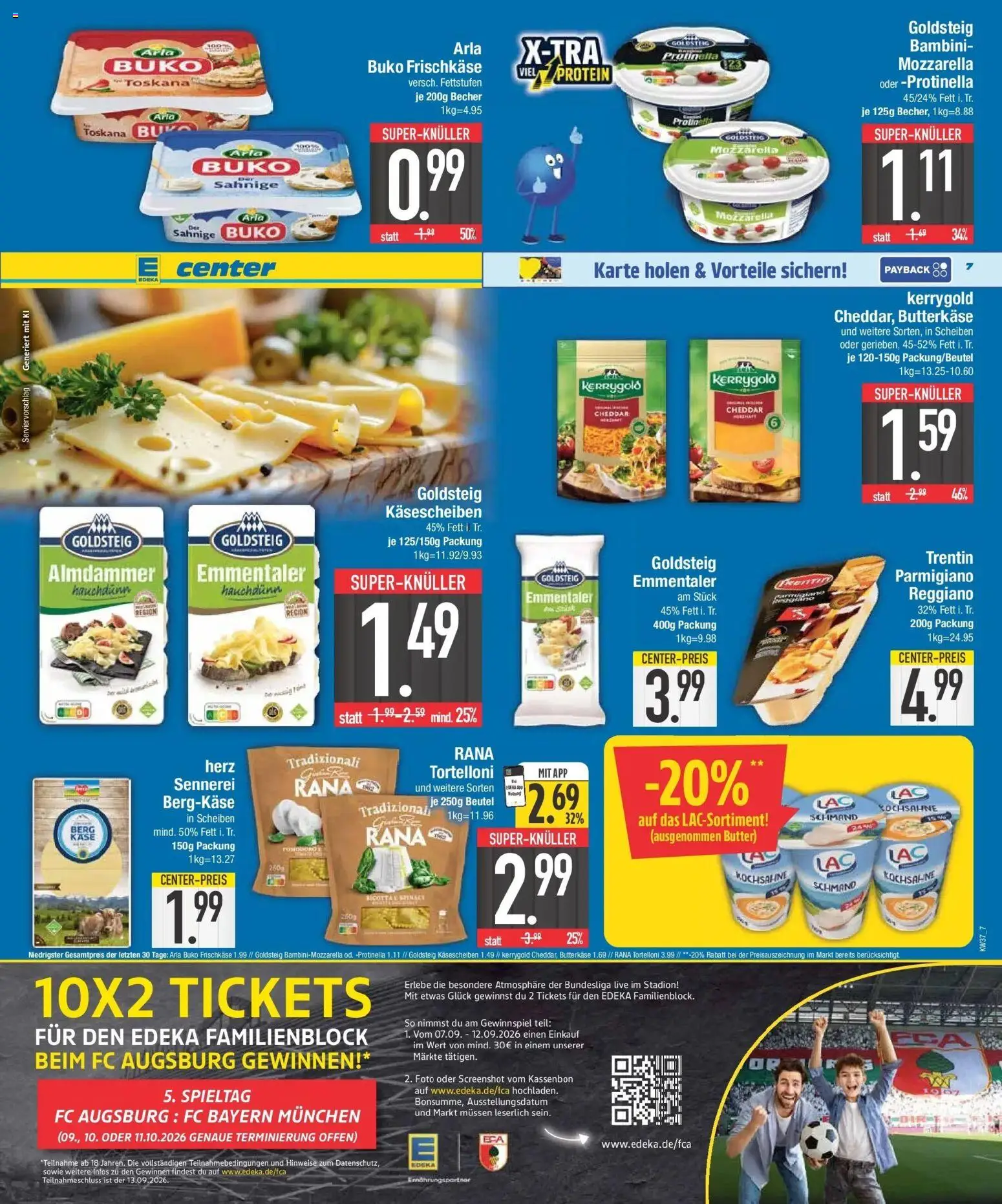 E center Prospekt München (ab 07.09.2026) zum Blättern | Seite: 7 | Produkte: Kochsahne, Mozzarella, Arla buko, Frischkase