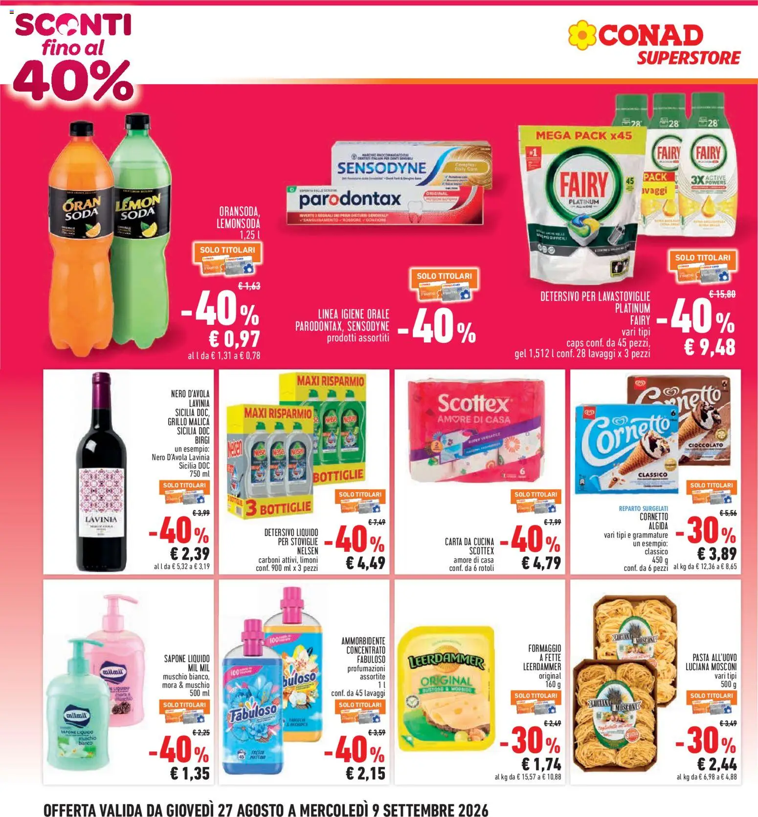 Volantino Conad del 27/08/2026 | Pagina: 4 | Prodotti: Ammorbidente, Detersivo per lavastoviglie, Cornetto, Formaggio a fette