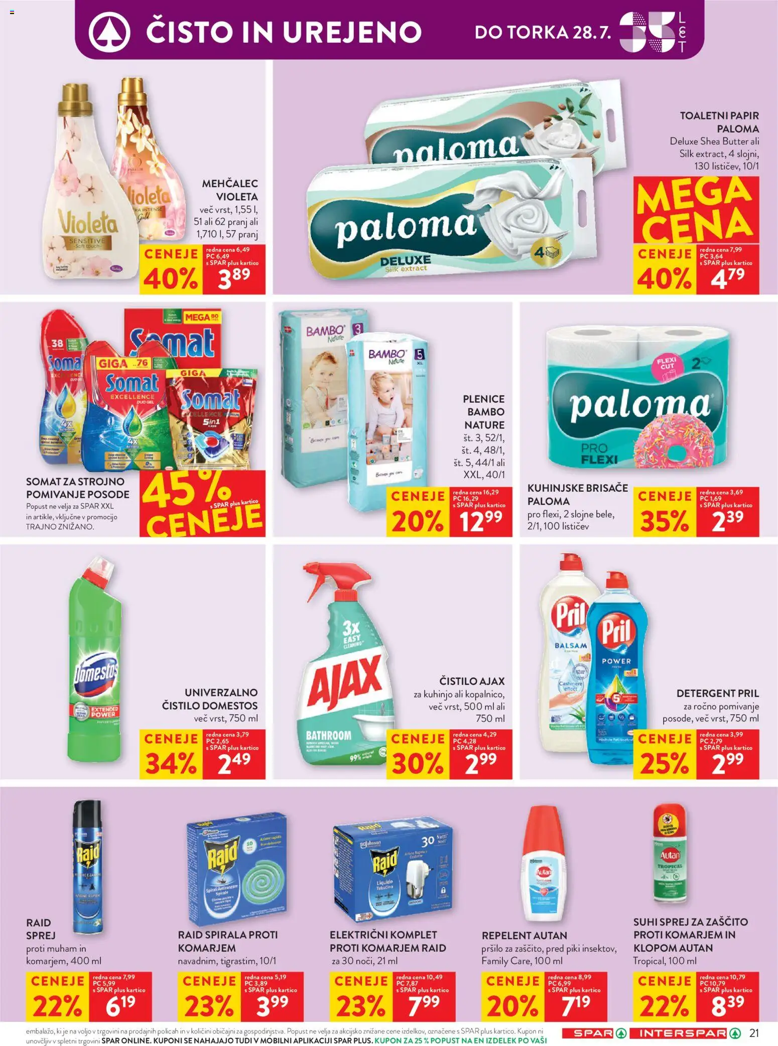 Novi Spar katalog ponudbe – veljaven od 22.07.2026 | Stran: 28 | Izdelki: Repelent, Plenice, Toaletni papir, Detergent