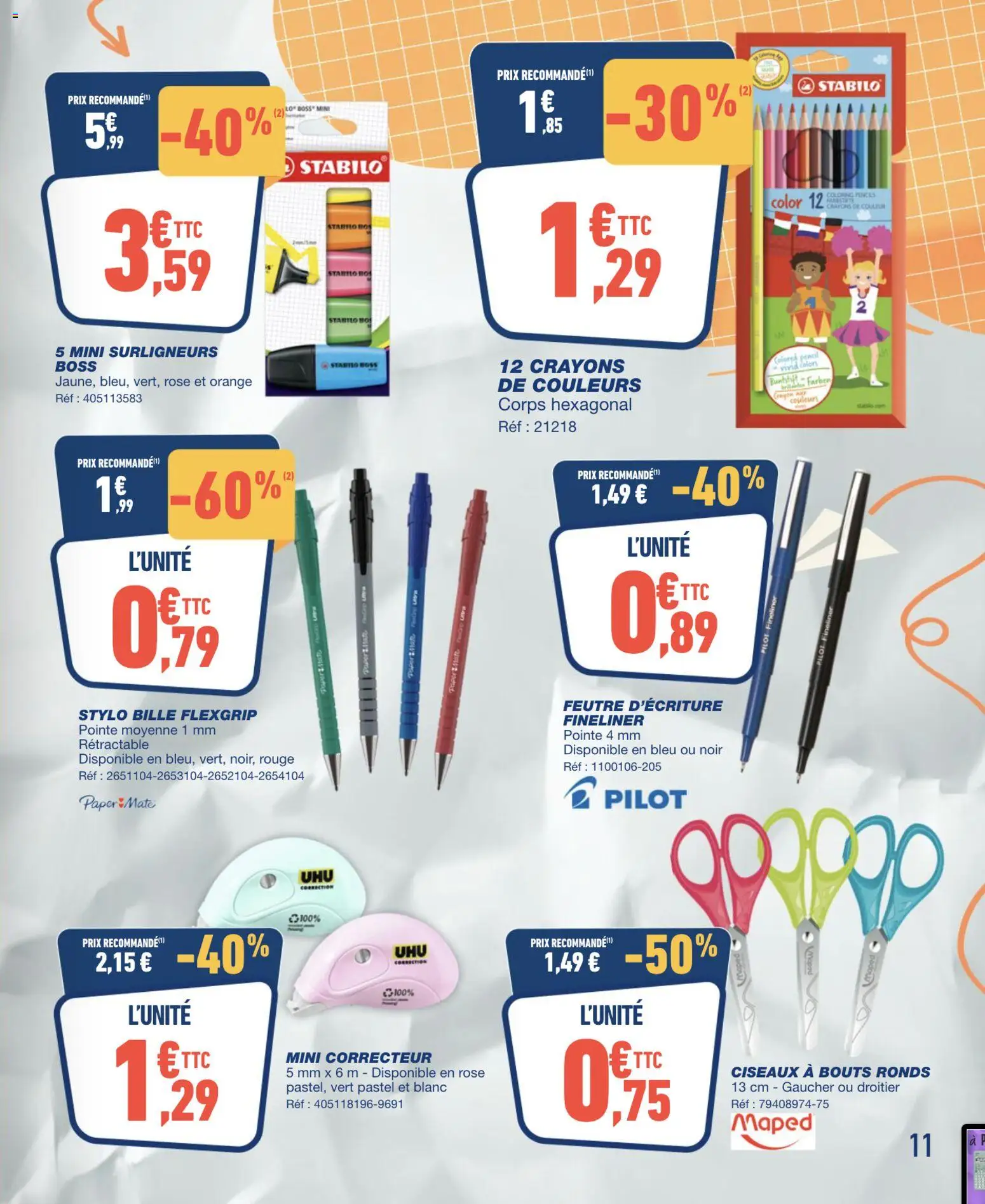 {H1} | Page: 11 | Produits: Orange, Crayons de couleur, Stylo, Ciseaux