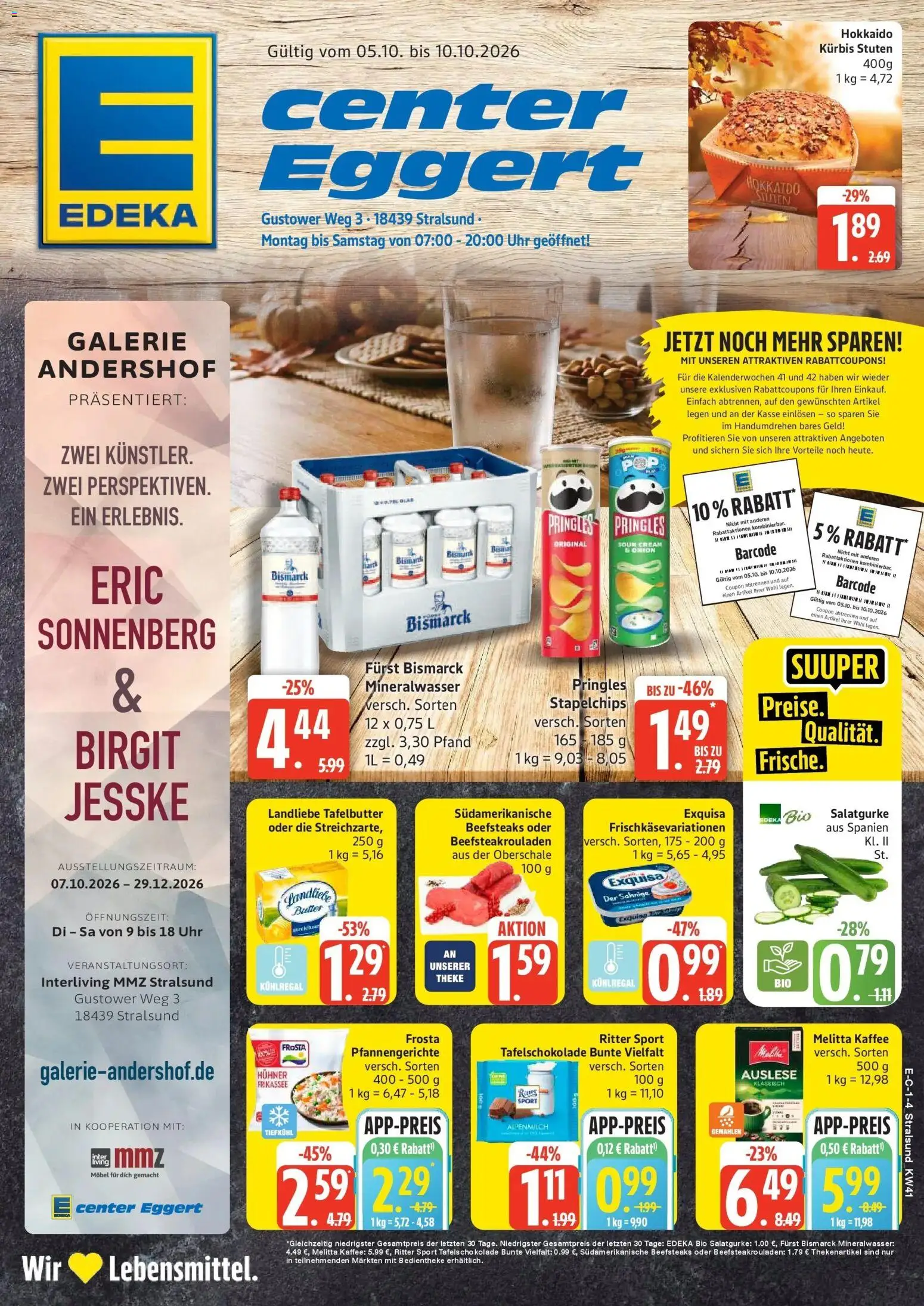 E center Prospekt Stralsund (ab 05.10.2026) zum Blättern | Seite: 1 | Produkte: Ritter sport, Frosta, Exquisa, Kürbis