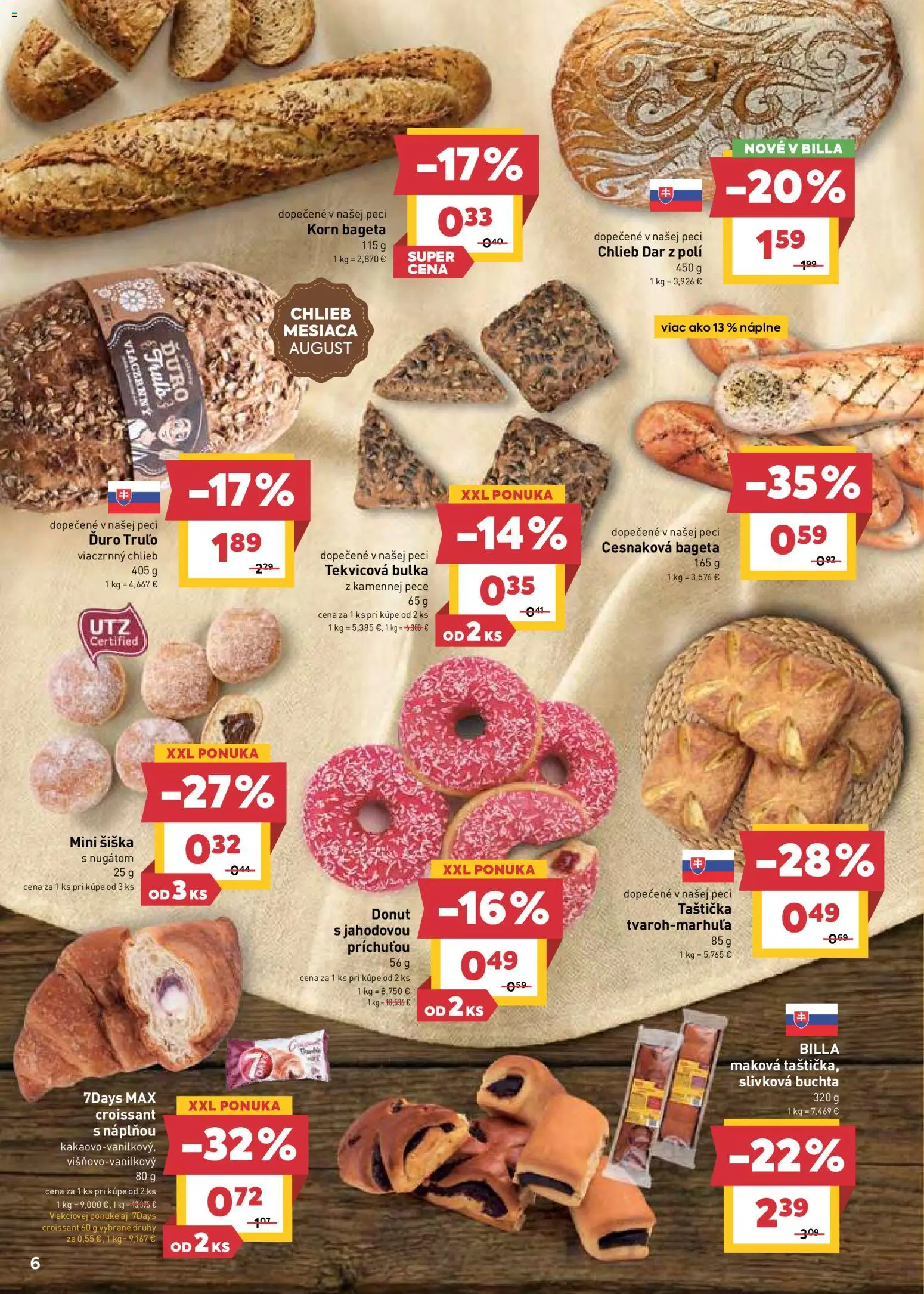Nové Billa akcie – leták je platný od 12.08.2026 | Strana: 6 | Produkty: Chlieb, Croissant, Bageta, Šiška