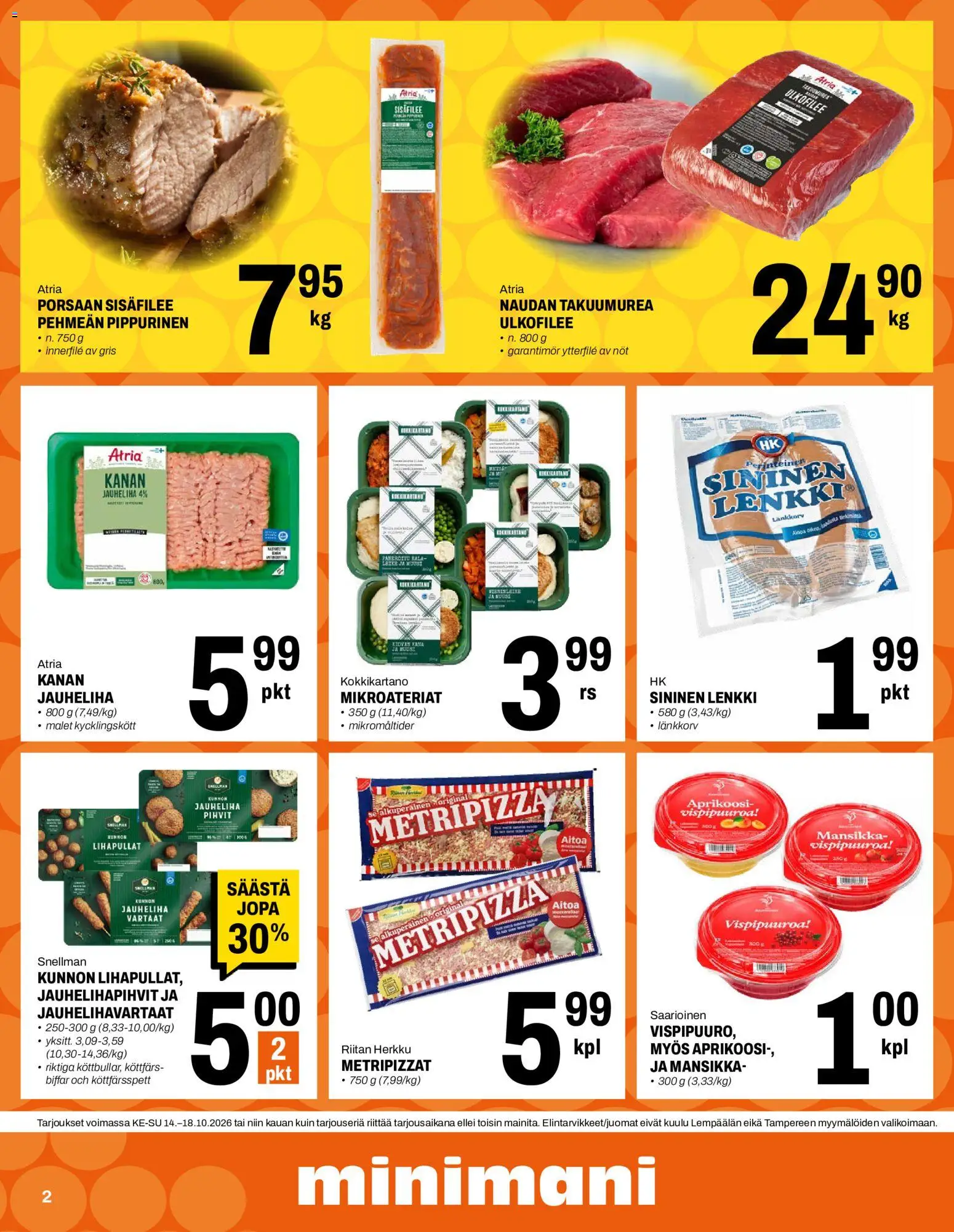 Minimani tarjoukset – voimassa 14/10/2026 alkaen | Sivu: 2 | Tuotteet: Vartaat, Jauheliha, Aprikoosi, Kala
