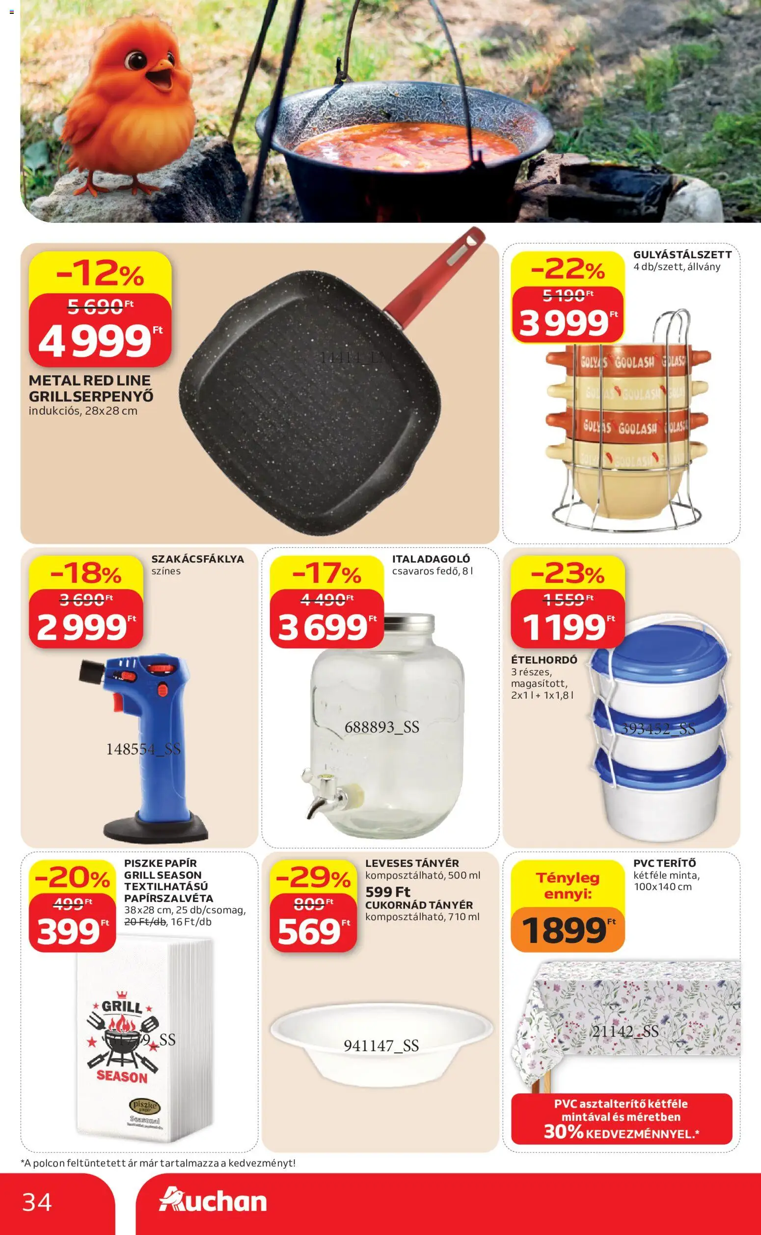 Auchan akciós ujság - amely érvényes a következő dátumtól: 21.05.2026 | Oldal: 34 | Termékek: Grill, Asztalterítő, Tányér, Ételhordó
