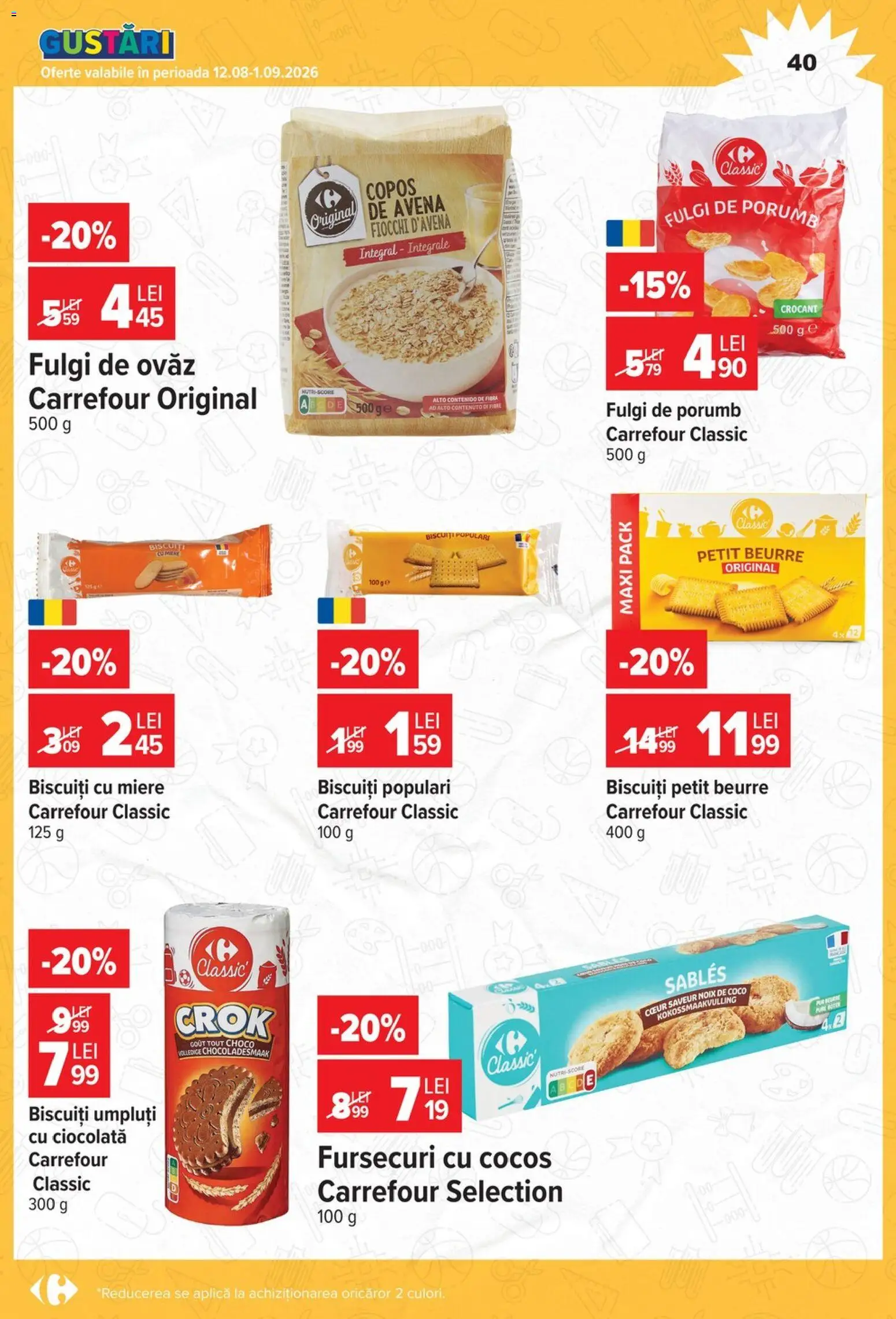 Noul catalog Carrefour – valabil de la 12.08.2026 | Pagină: 40 | Produse: Aplică, Fulgi de porumb, Biscuiți, Fulgi