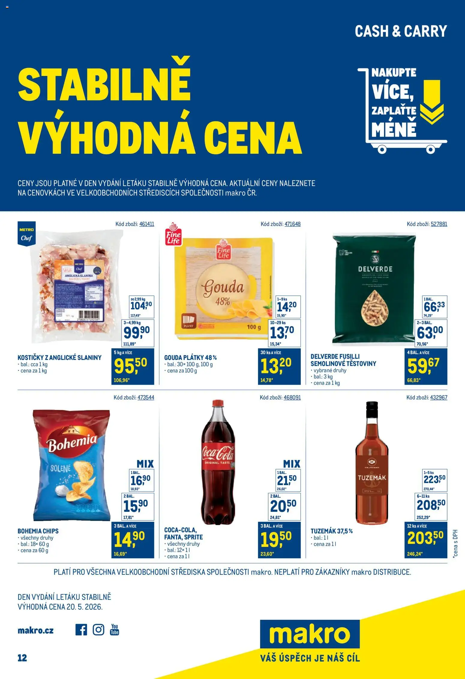 Makro leták - Cash & Carry od 20.05.2026 | Strana: 1 | Produkty: Těstoviny, Sprite, Tuzemák, Slanina