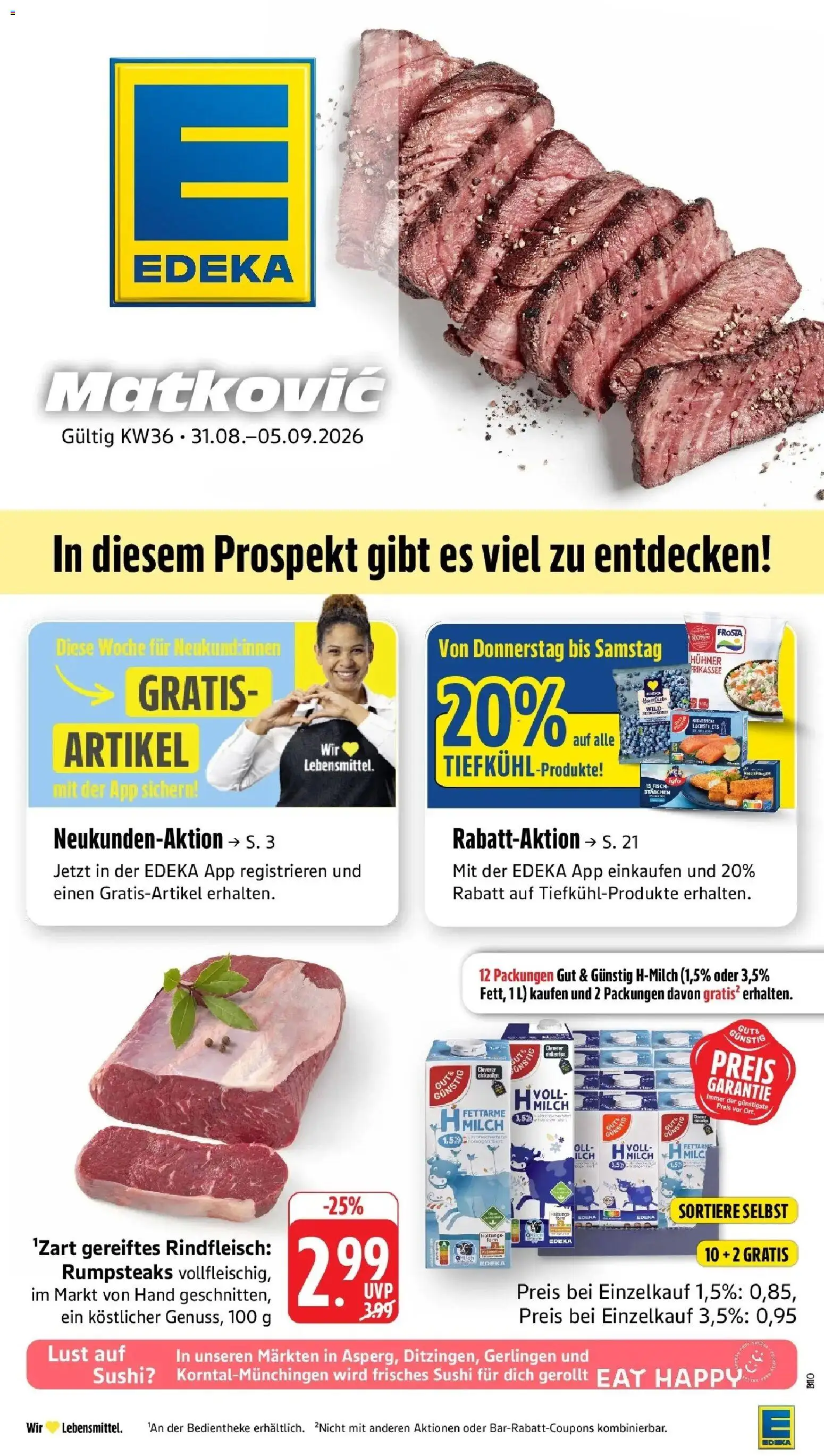 Edeka Prospekt Möglingen (ab 31.08.2026) » Angebote Online | Seite: 1 | Produkte: Milch, Iglo, Frosta, Rindfleisch