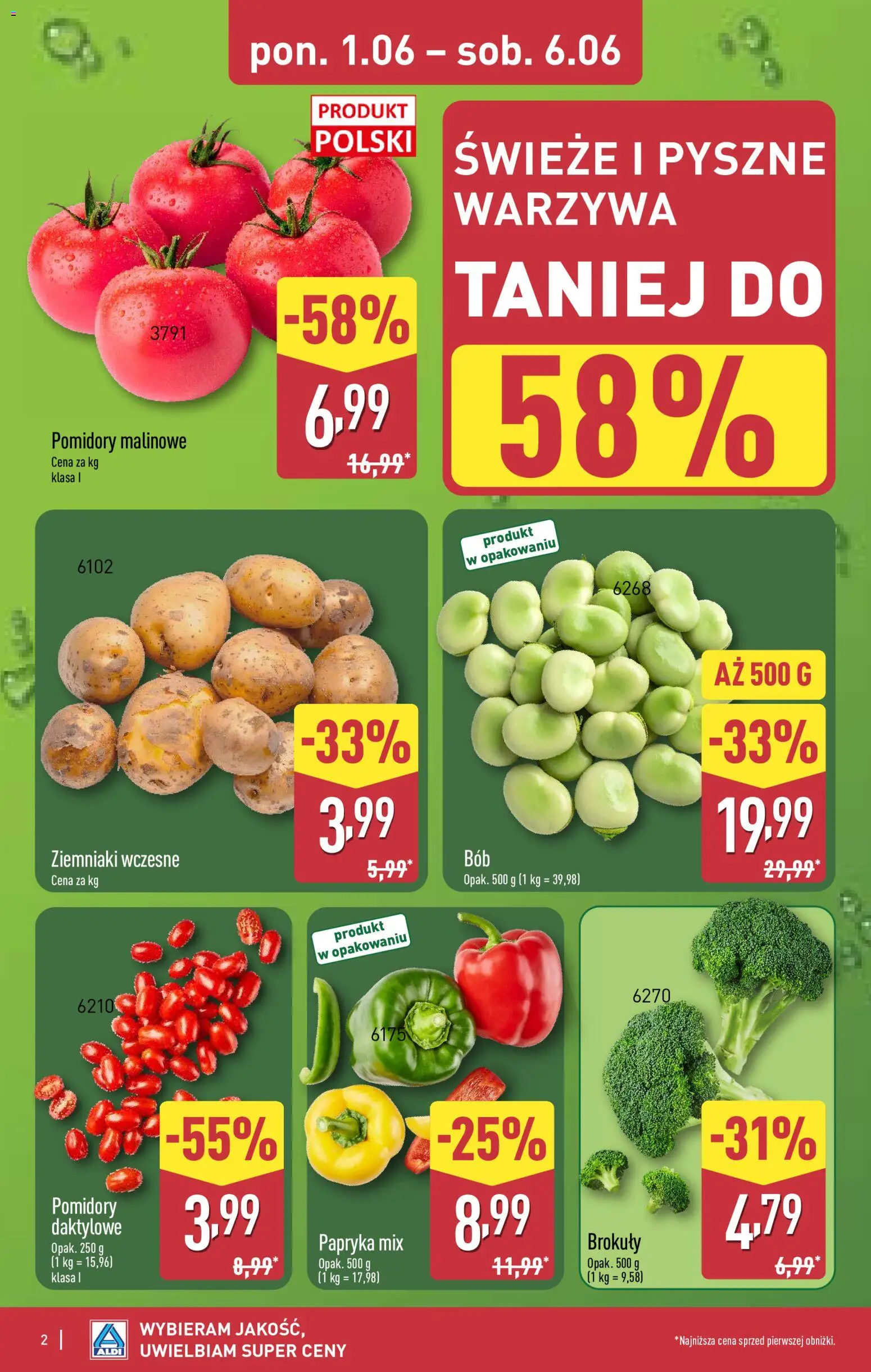 Aldi gazetka od 01.06.2026 | Strona: 2 | Produkty: Pomidory malinowe, Pomidory, Ziemniaki, Warzywa
