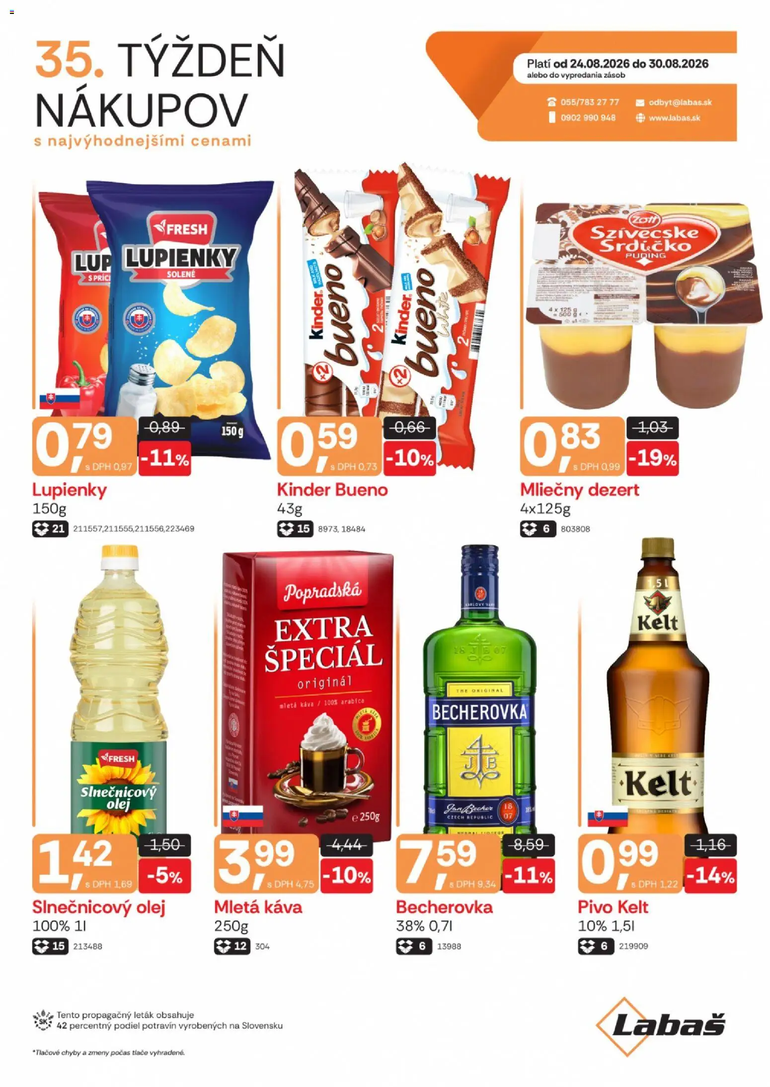 Nové Labaš akcie – leták je platný od 24.08.2026 | Strana: 1 | Produkty: Kinder, Kinder Bueno, Mletá káva, Dezert