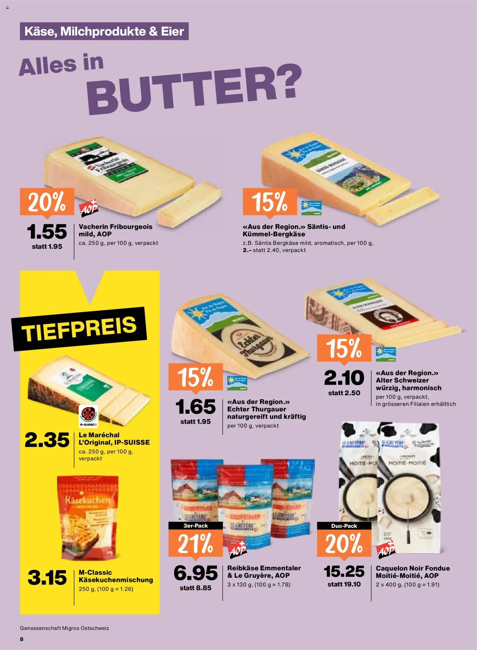 Migros aktionen – gültig ab 30.07.2026 | Seite: 8 | Produkte: Käsekuchen, Butter, Eier, Fondue