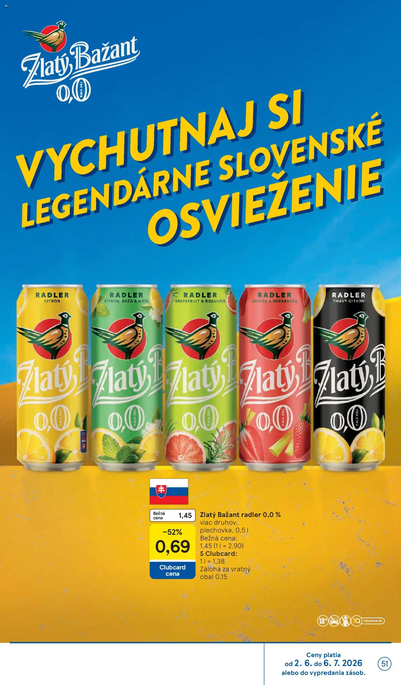 Nové Tesco akcie – leták je platný od 03.06.2026 | Strana: 51 | Produkty: Rebarbora, Radler, Zlatý Bažant, Grapefruit