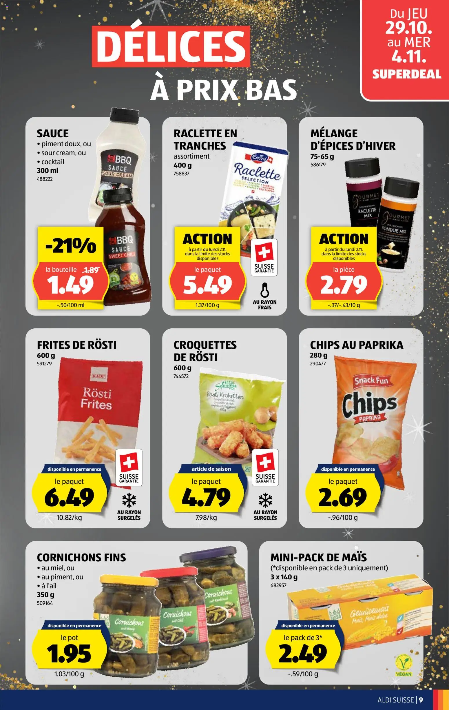 Aldi aktionen FR – gültig ab 29.10.2026 | Seite: 9 | Produkte: Mais, Chips, Raclette, Fondue