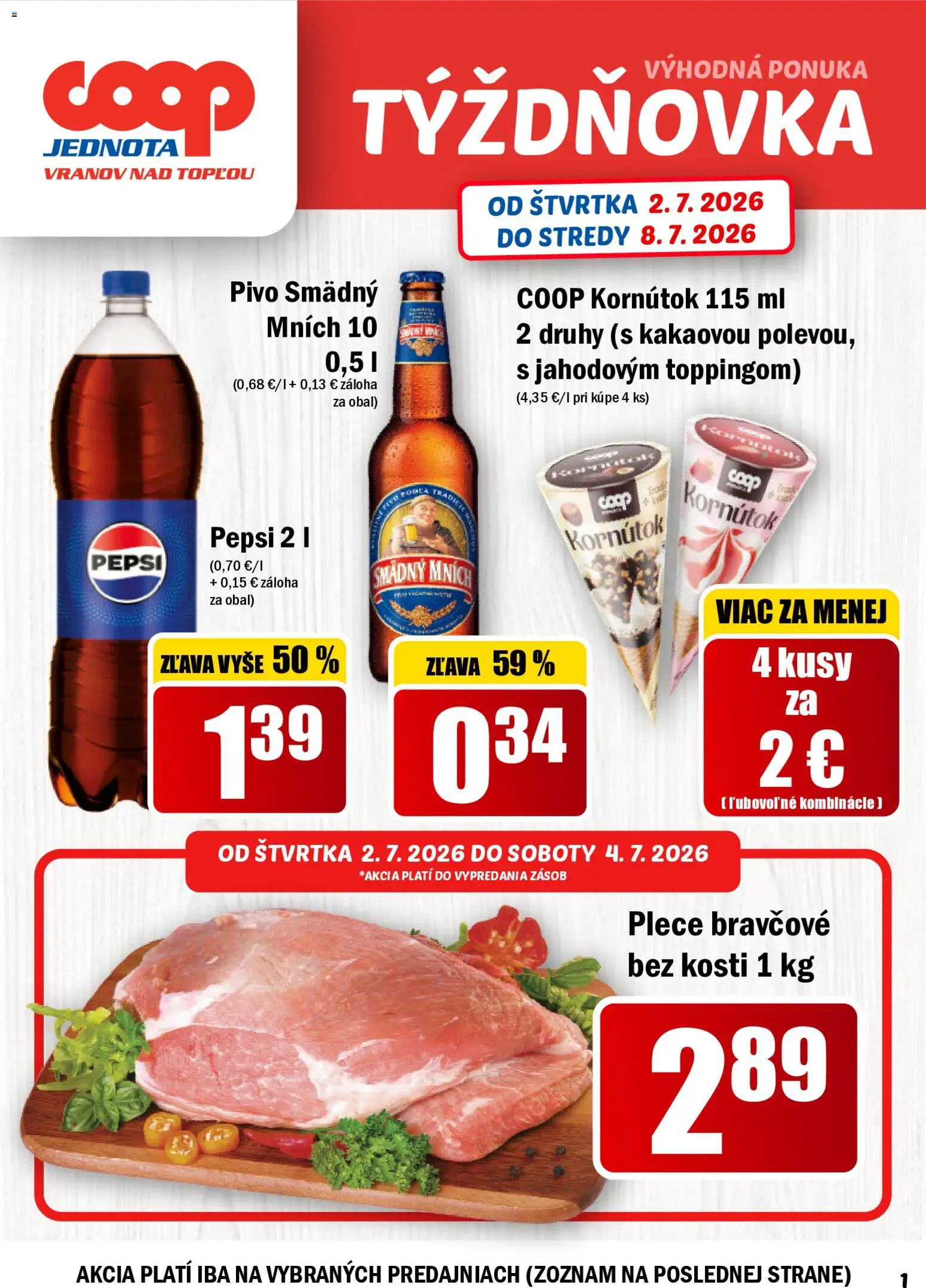 Nové COOP Jednota akcie – leták je platný od 02.07.2026 | Strana: 1 | Produkty: Pivo, Smädný Mních, Pepsi