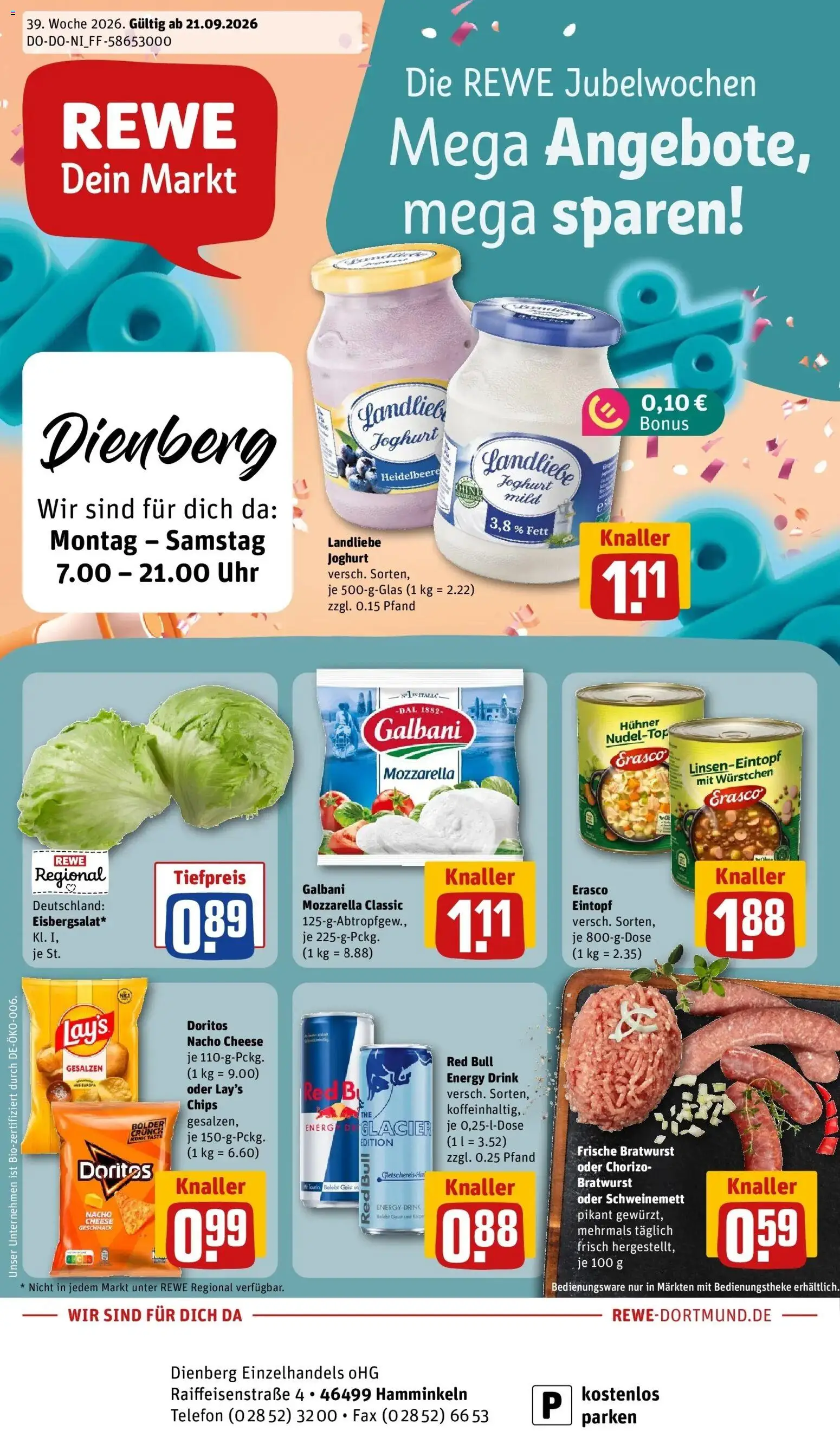 REWE Prospekt ab 21.09.2026 zum Blättern » Angebote | Seite: 1 | Produkte: Energy, Joghurt, Bratwurst, Chips