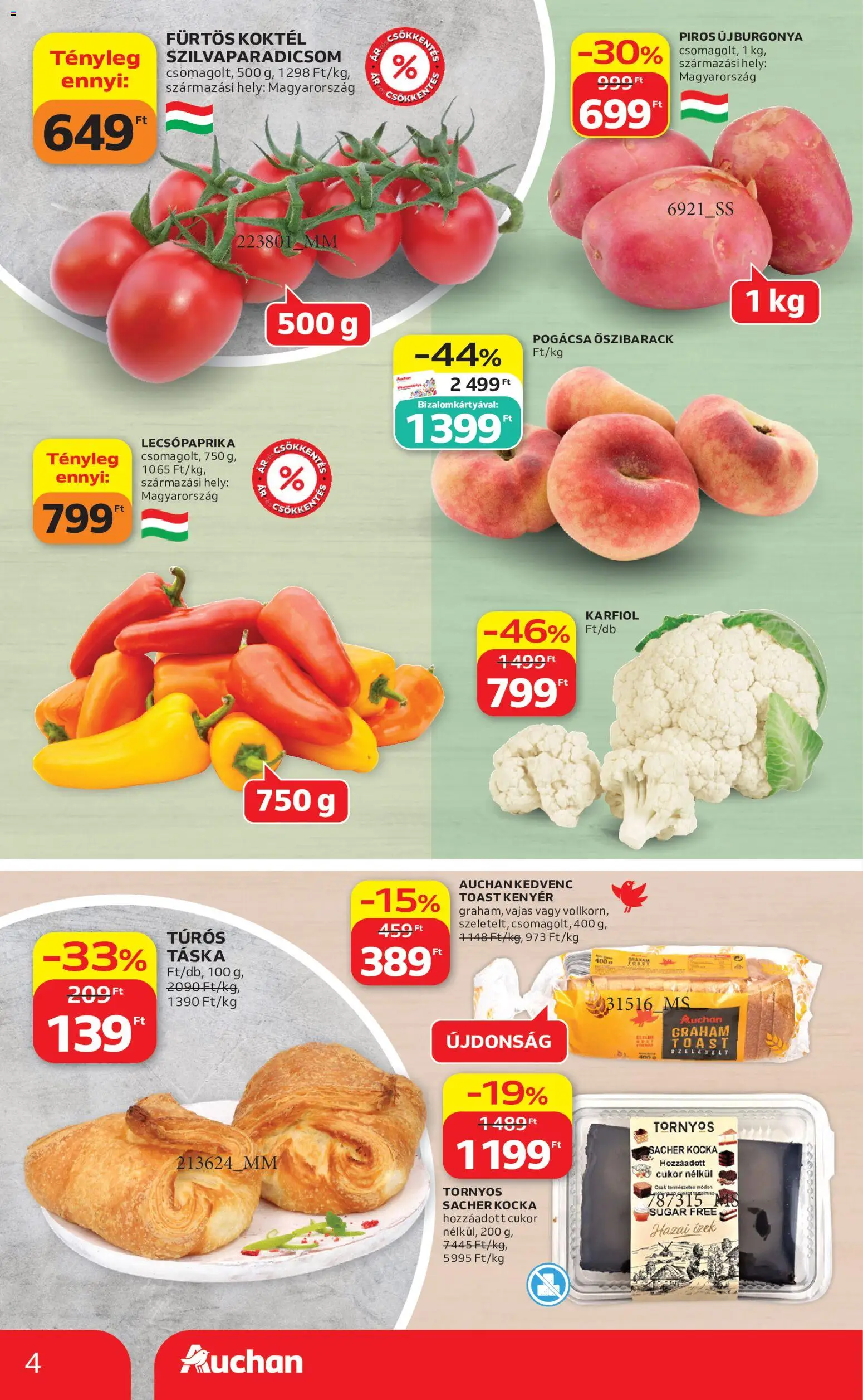 Auchan akciós ujság - amely érvényes a következő dátumtól: 28.05.2026 | Oldal: 4 | Termékek: Őszibarack, Lecsópaprika, Táska, Cukor