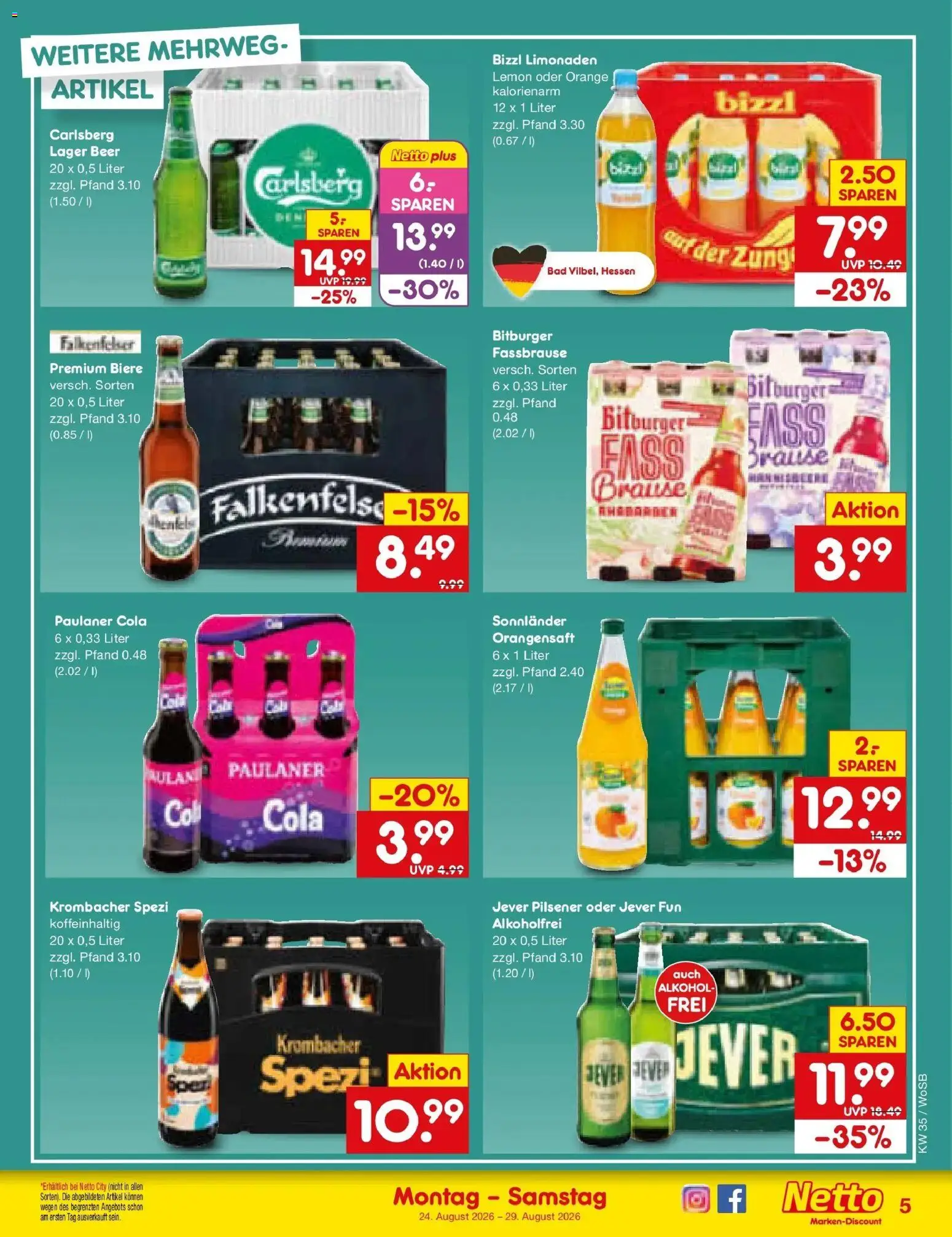Netto Marken-Discount Prospekt Ludwigshafen-Edigheim (ab 24.08.2026) » Angebote | Seite: 5 | Produkte: Bitburger, Bad, Fassbrause, Paulaner