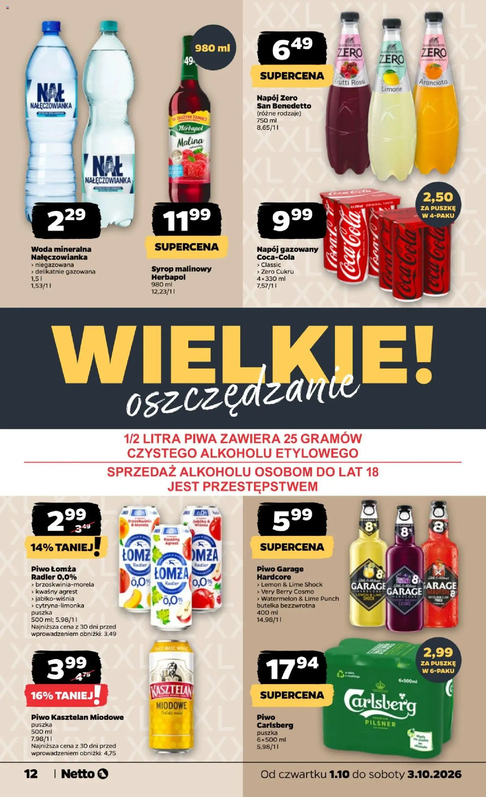 Netto gazetka od czwartku od 01.10.2026 | Strona: 12 | Produkty: Piwo Garage, Malina, Piwo kasztelan, Woda