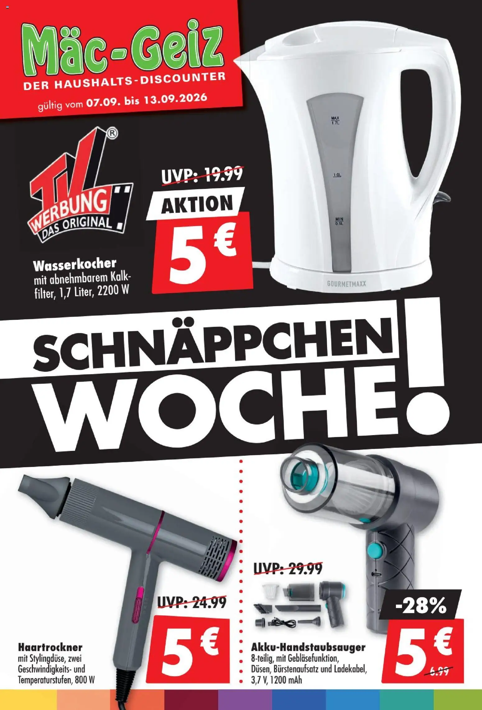 Mäc Geiz Prospekt – gültig ab 07.09.2026 | Seite: 1 | Produkte: Wasserkocher, Haartrockner, Kalk
