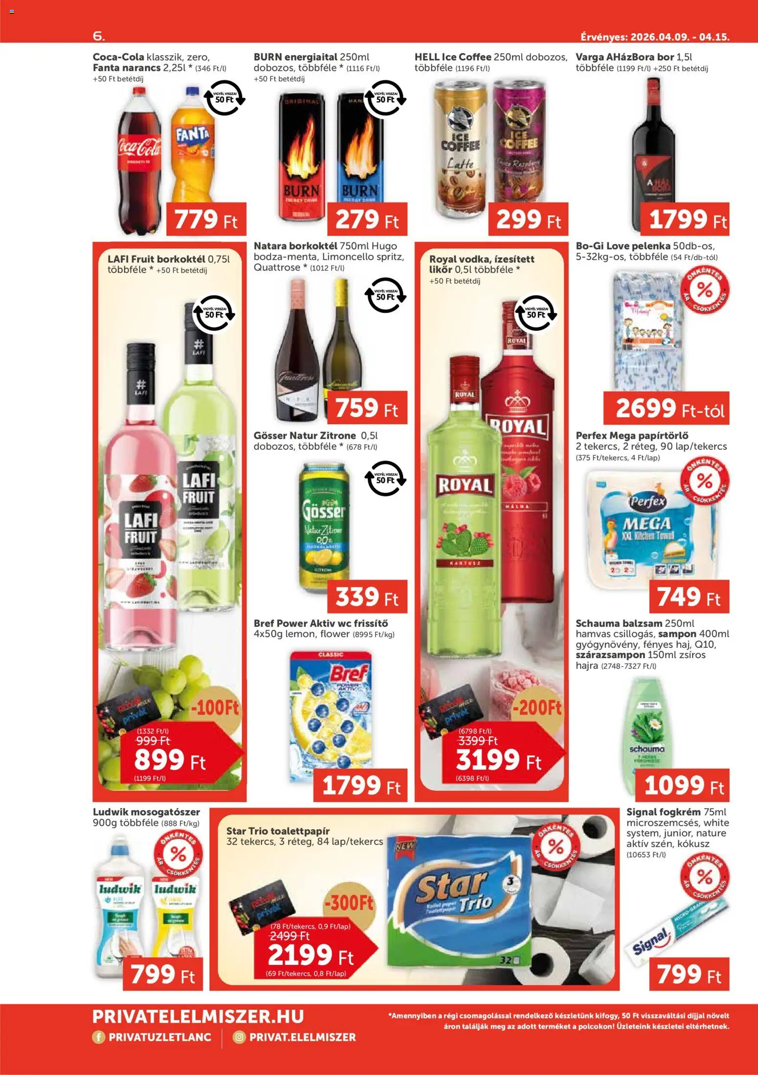 PRIVÁT akciós ujság - amely érvényes a következő dátumtól: 09.04.2026 | Oldal: 6 | Termékek: WC, Cola, Sampon, Só