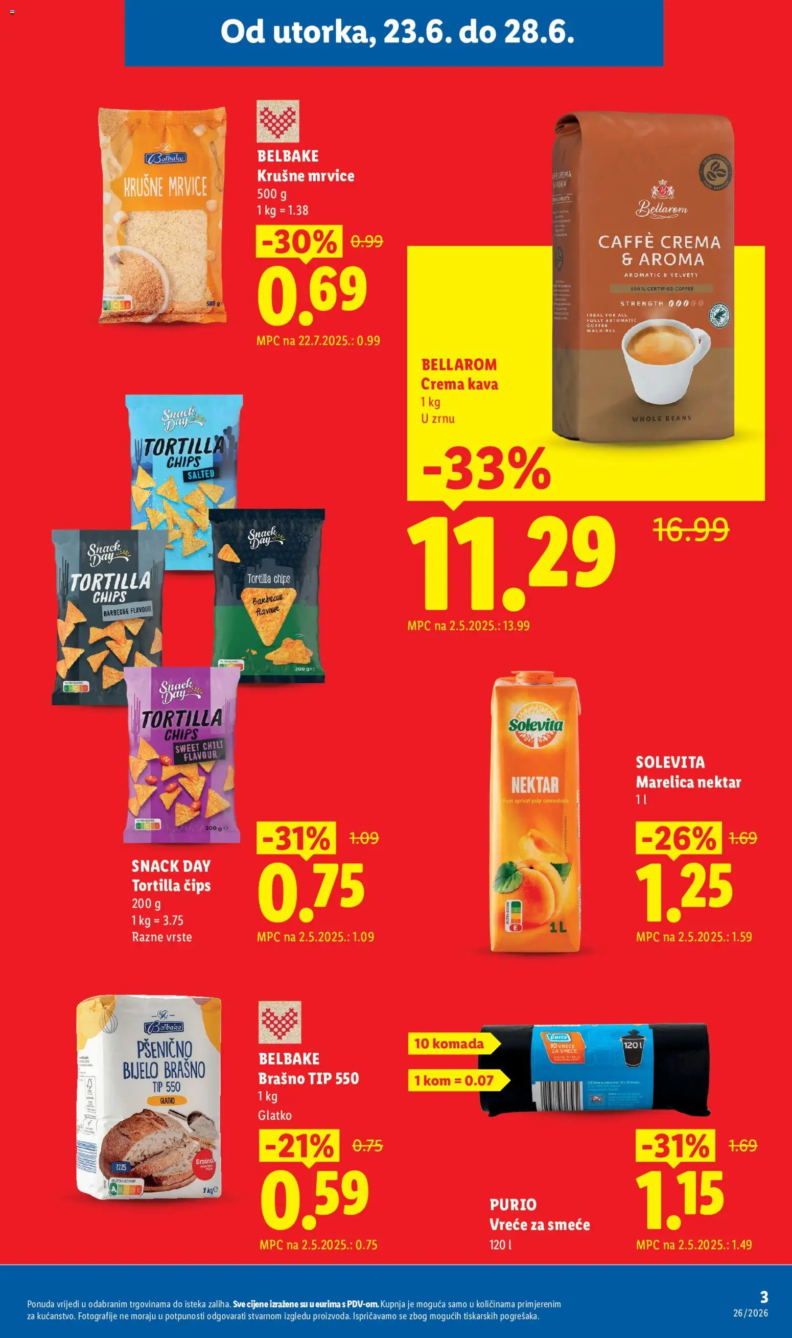 Lidl katalog | vrijedi od 23.06.2026 | Stranica: 3 | Proizvodi: Krušne mrvice, Čips, Brašno, Vreće za smeće
