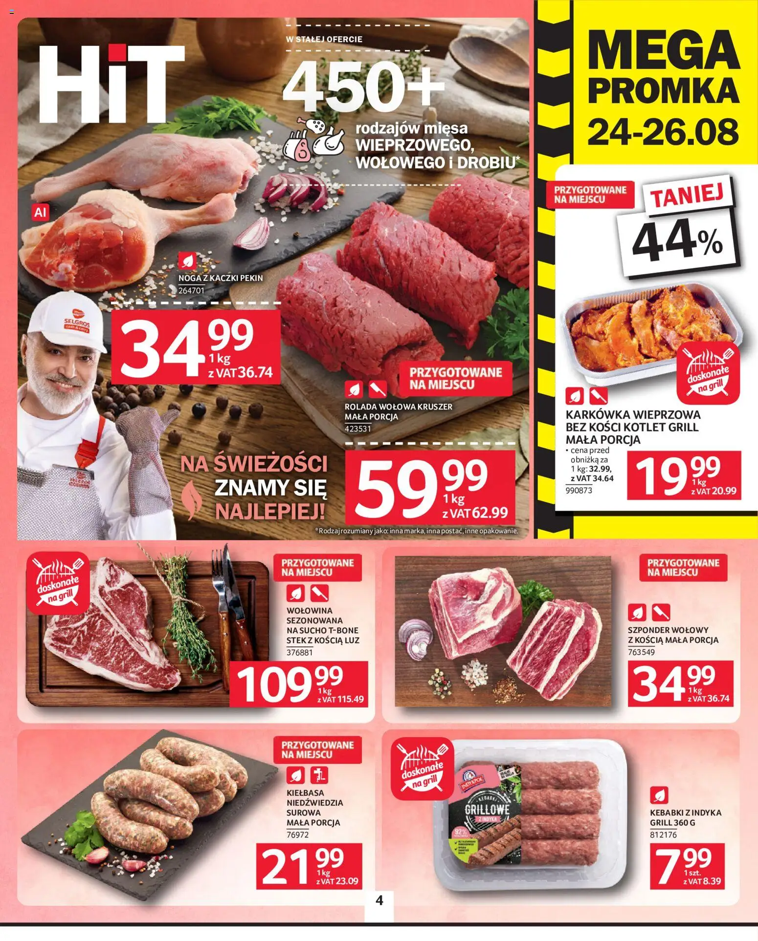 Selgros cash&carry gazetka od 13.08.2026 | Strona: 4 | Produkty: Kiełbasa, Kotlet, Rolada, Noga z kaczki