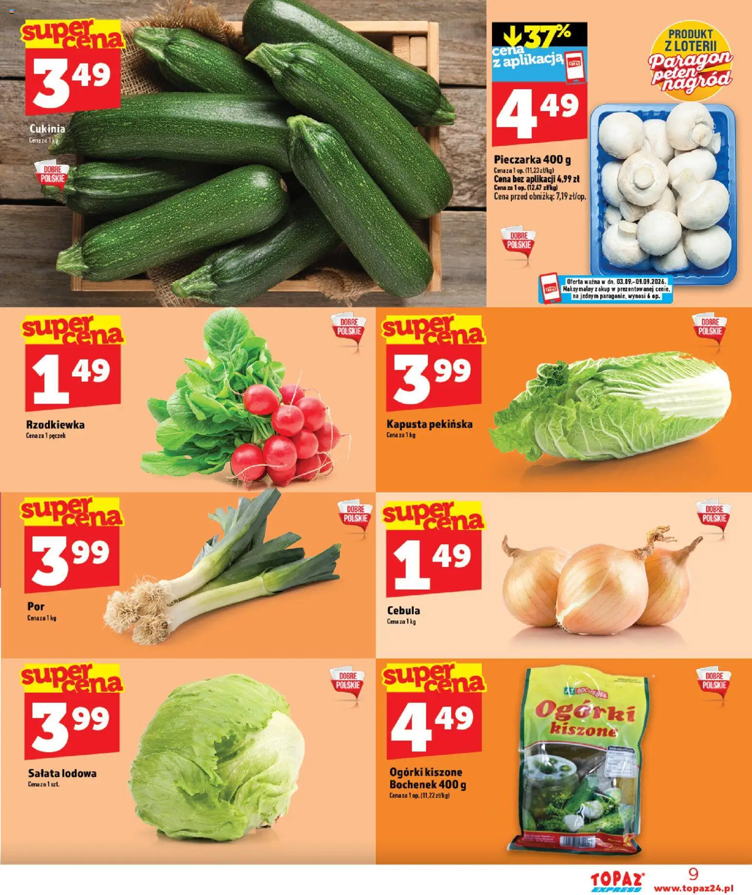 Topaz gazetka - Express od 03.09.2026 | Strona: 9 | Produkty: Kapusta pekińska, Sałata, Salata lodowa, Ogórki