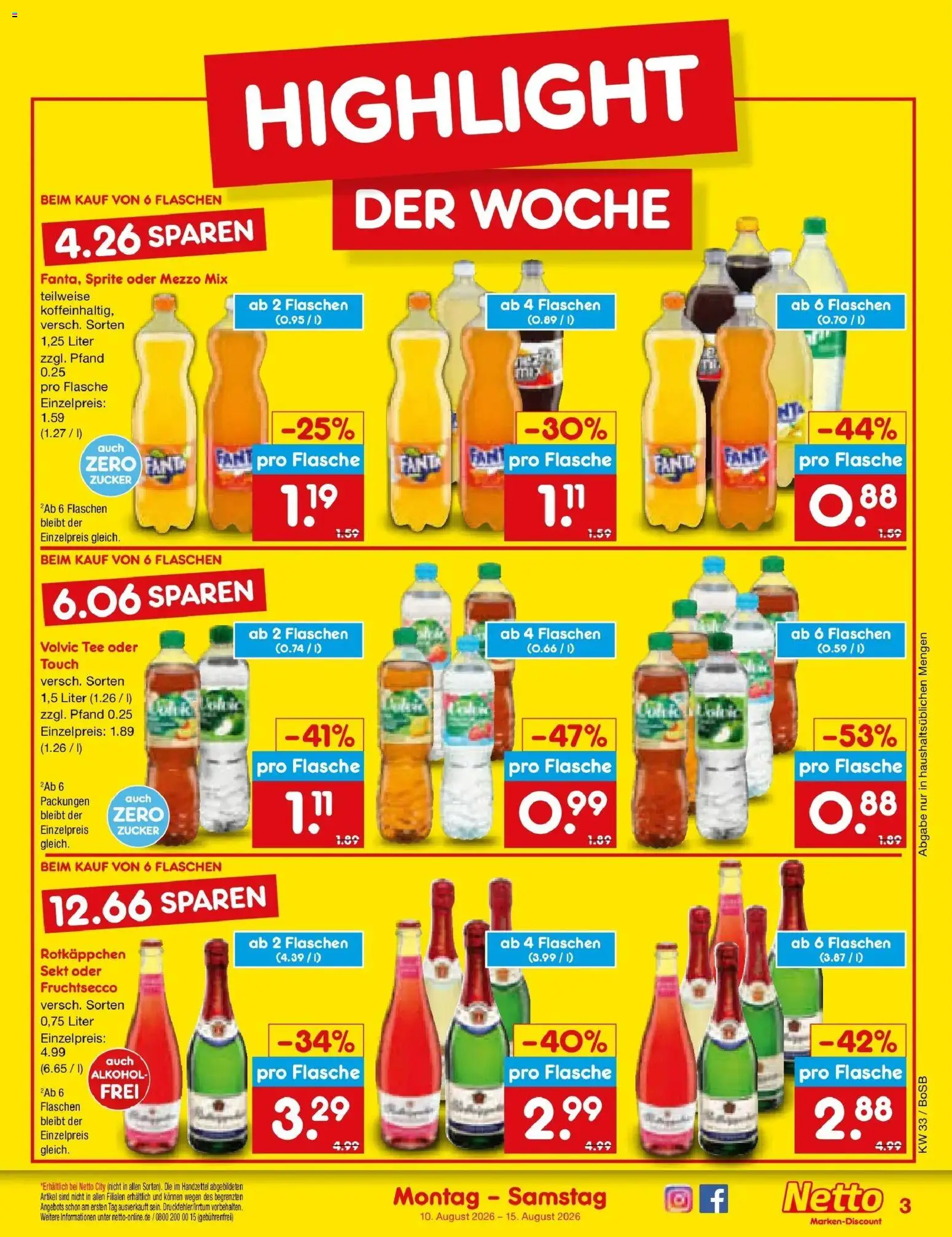 Netto Marken-Discount Prospekt Stadtlohn (ab 10.08.2026) » Angebote | Seite: 3 | Produkte: Mezzo mix, Volvic tee, Alkohol, Volvic