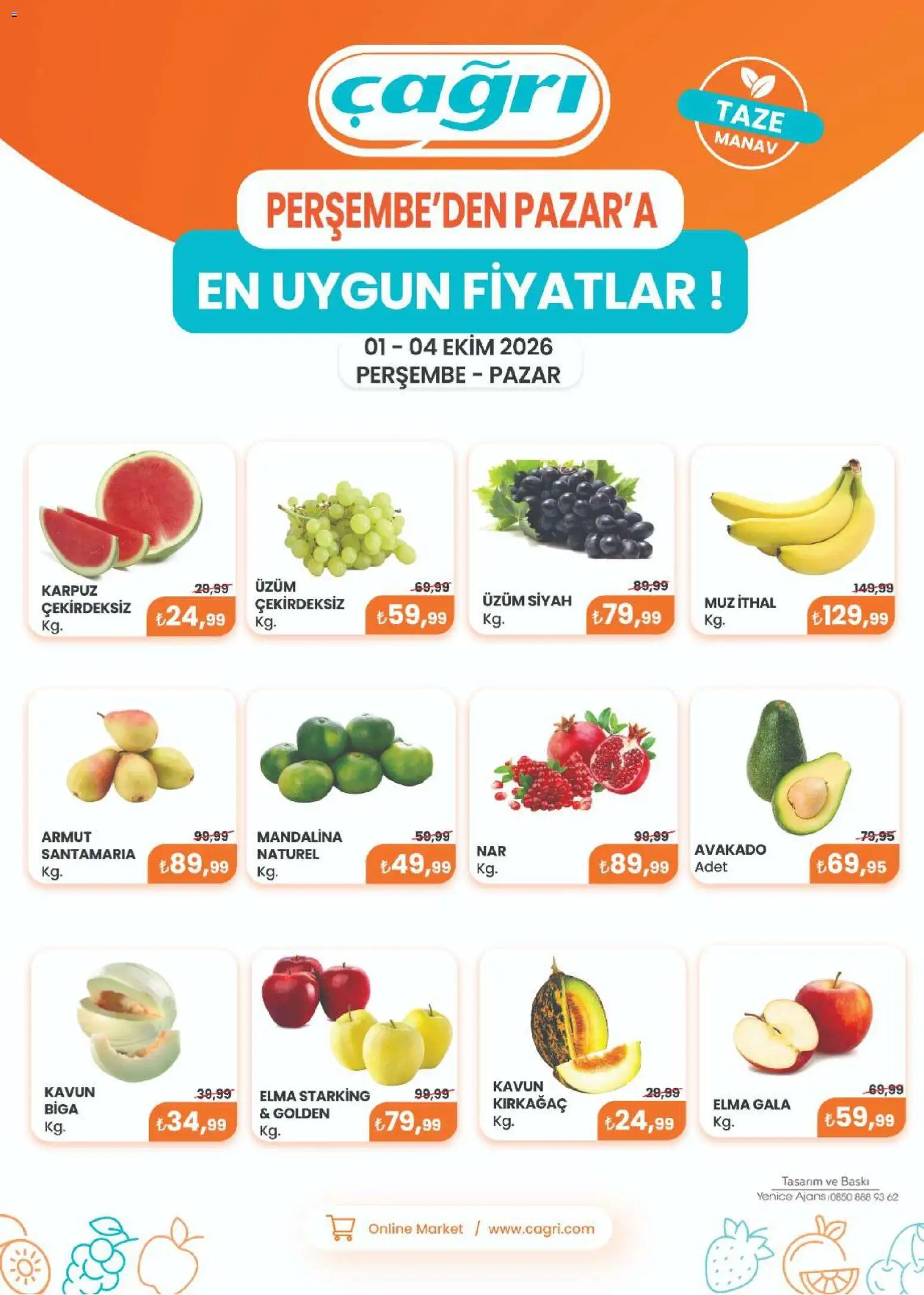 Çağrı Market - Manav Katalog - 01 Ekim 2026 tarihinden itibaren geçerlidir | Sayfa: 1 | Ürünler: Baskı, Elma, Üzüm, Kavun