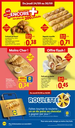 LIDL - Prévisualisation de Petit pain au chorizo*, Le produit de 110 g :, 0,68 € (1 kg = 6,18 €), Les 3 produits dont, 1 OFFERT : 1,36 €, (1 kg = 4,12 €), au lieu de 2,04 €, (1 kg = 6,18 €) valide à partir de 24/09/2026 | Page: 12 | Produits: Baguette, Pain au chocolat, Fruits, Chocolat