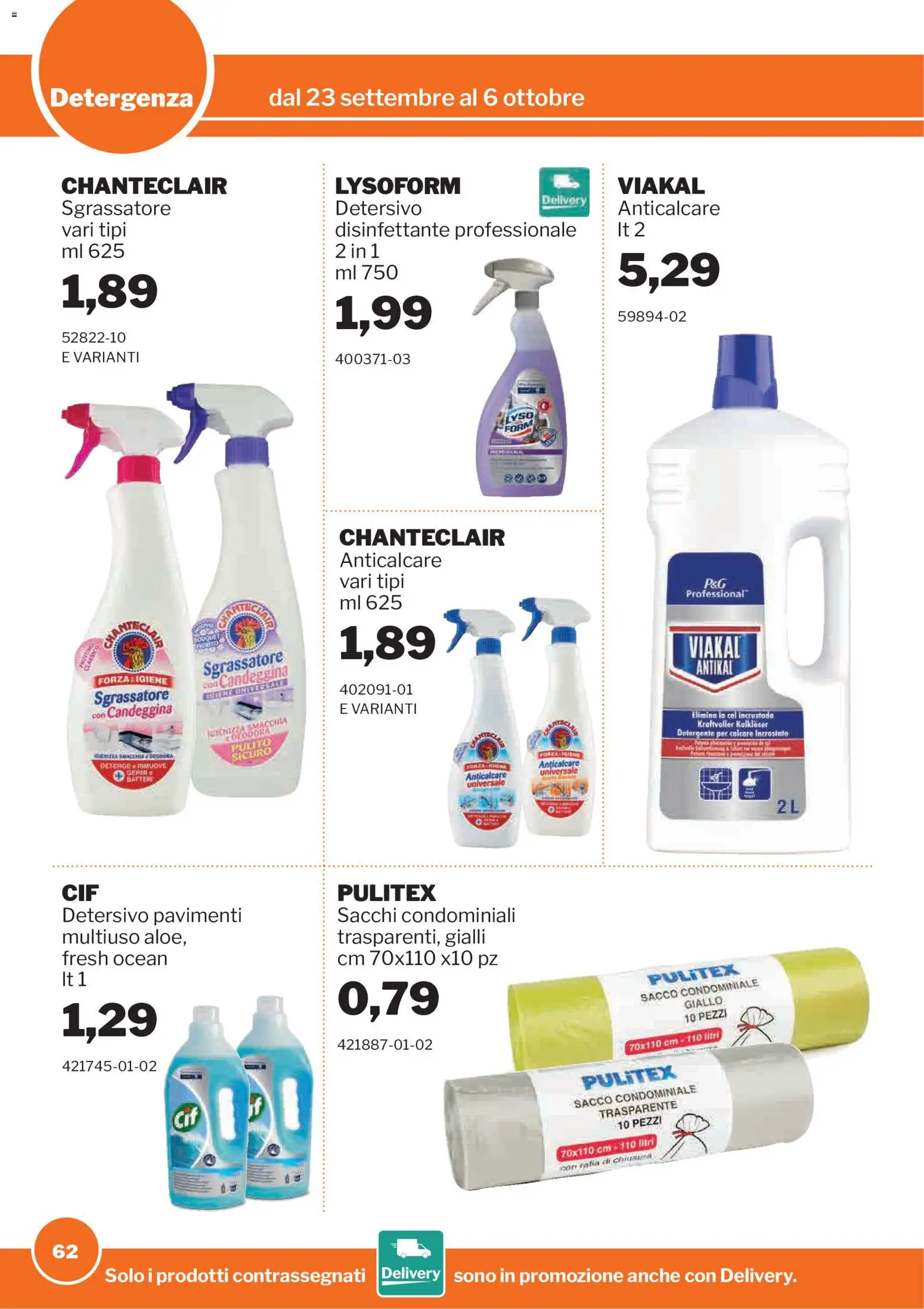 Volantino Sogegross del 23/09/2026 | Pagina: 62 | Prodotti: Detergente, Candeggina, Anticalcare, Sgrassatore