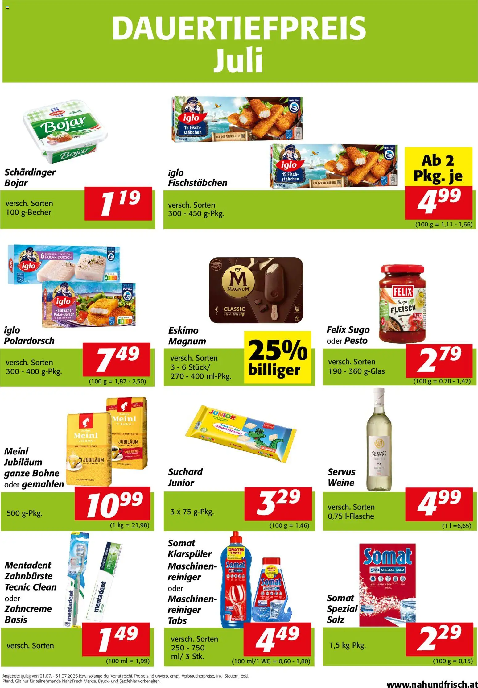 Nah und Frisch - Dauertiefpreise Juli gültig ab 01.07.2026 | Seite: 1 | Produkte: Klarspüler, Salz, Fisch, Zahnbürste