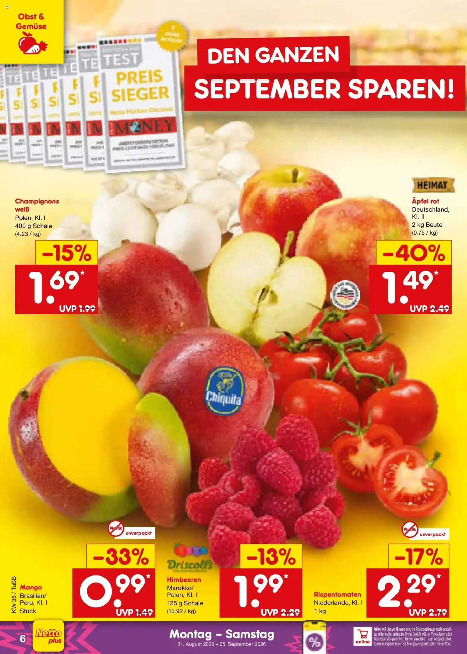 Netto Marken-Discount Prospekt Lahr-Langenwinkel (ab 31.08.2026) » Angebote | Seite: 8 | Produkte: Äpfel, Champignons, Gemüse, Mango