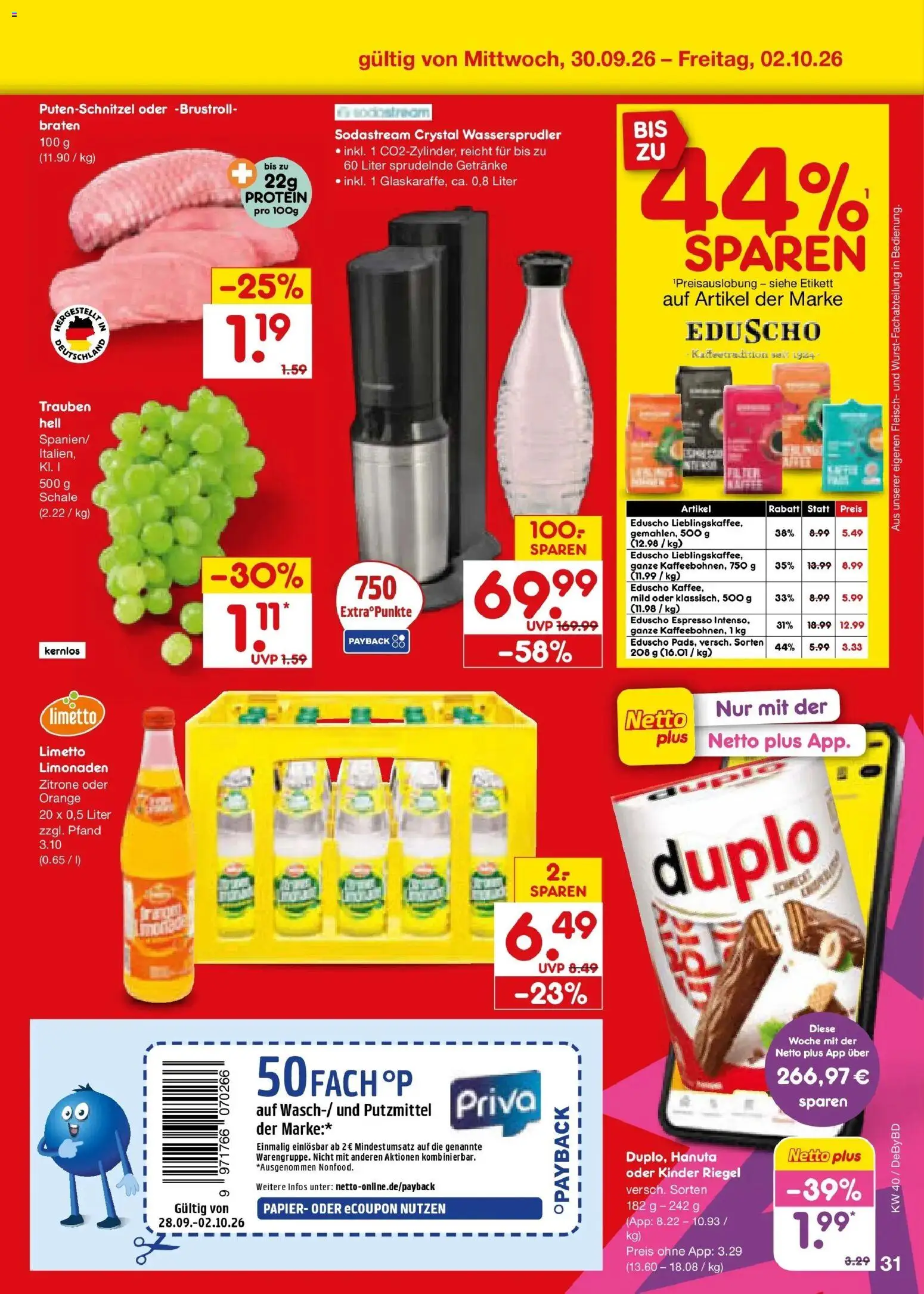 Netto Marken-Discount Prospekt Buttenwiesen – gültig ab 28.09.2026 | Seite: 49 | Produkte: Trauben, Kinder riegel, Fleisch, Eduscho