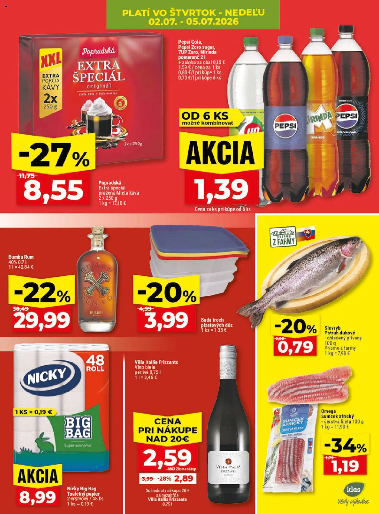 Nové Klas akcie – leták je platný od 29.06.2026 | Strana: 28 | Produkty: Káva, Pstruh, Mirinda, Rum
