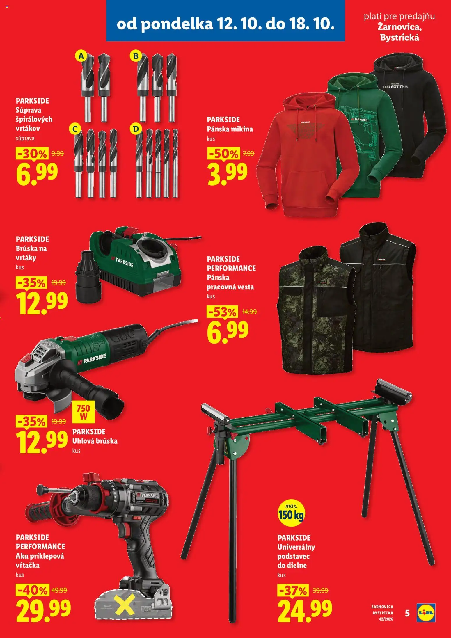 Nové Lidl akcie – leták je platný od 12.10.2026 | Strana: 5 | Produkty: Príklepová vŕtačka, Vŕtačka, Uhlová brúska, Aku