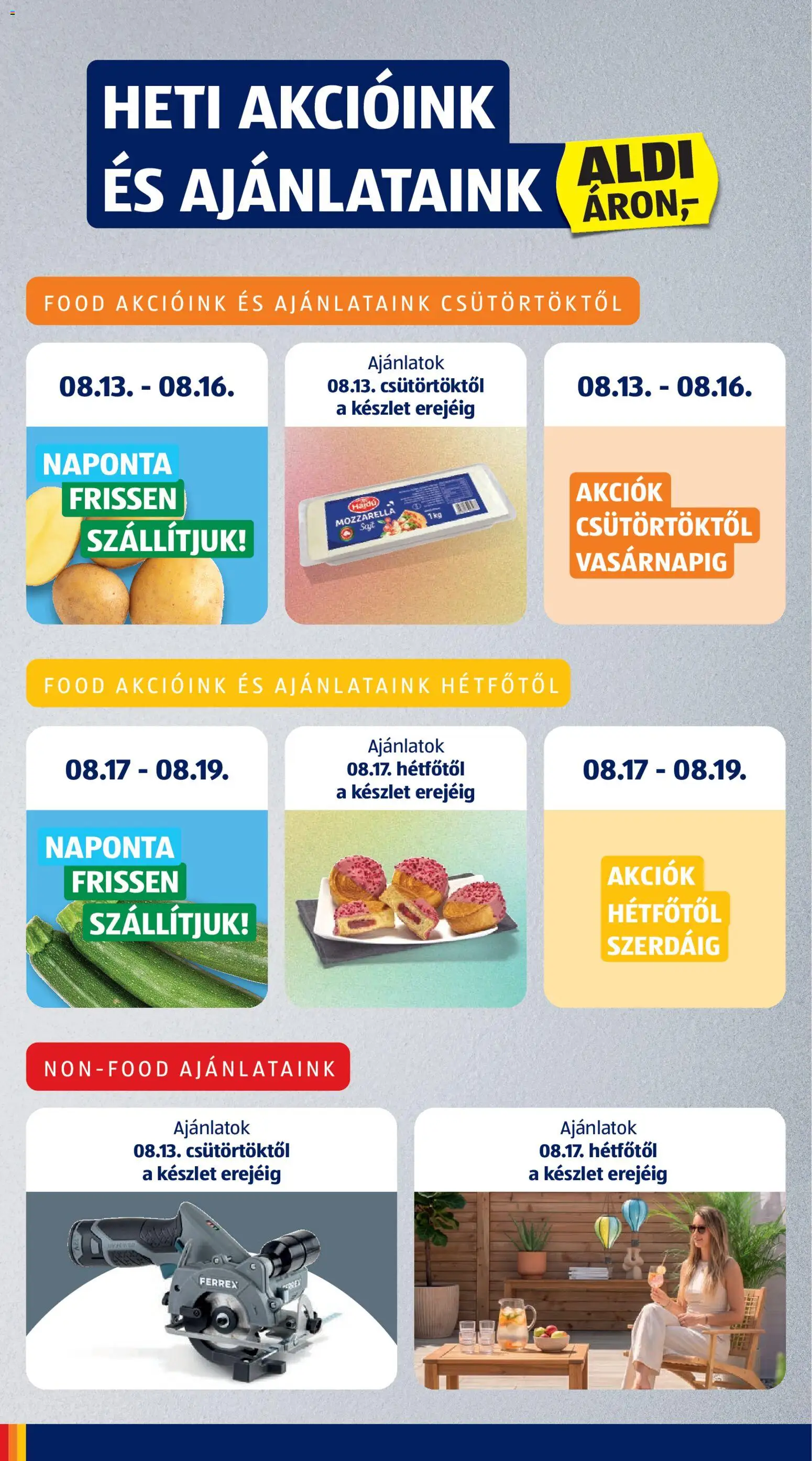 Aldi akciós ujság - amely érvényes a következő dátumtól: 2026.08.13. | Oldal: 6 | Termékek: Körfűrész, Bútor, Kerti bútor, Lágy sajt