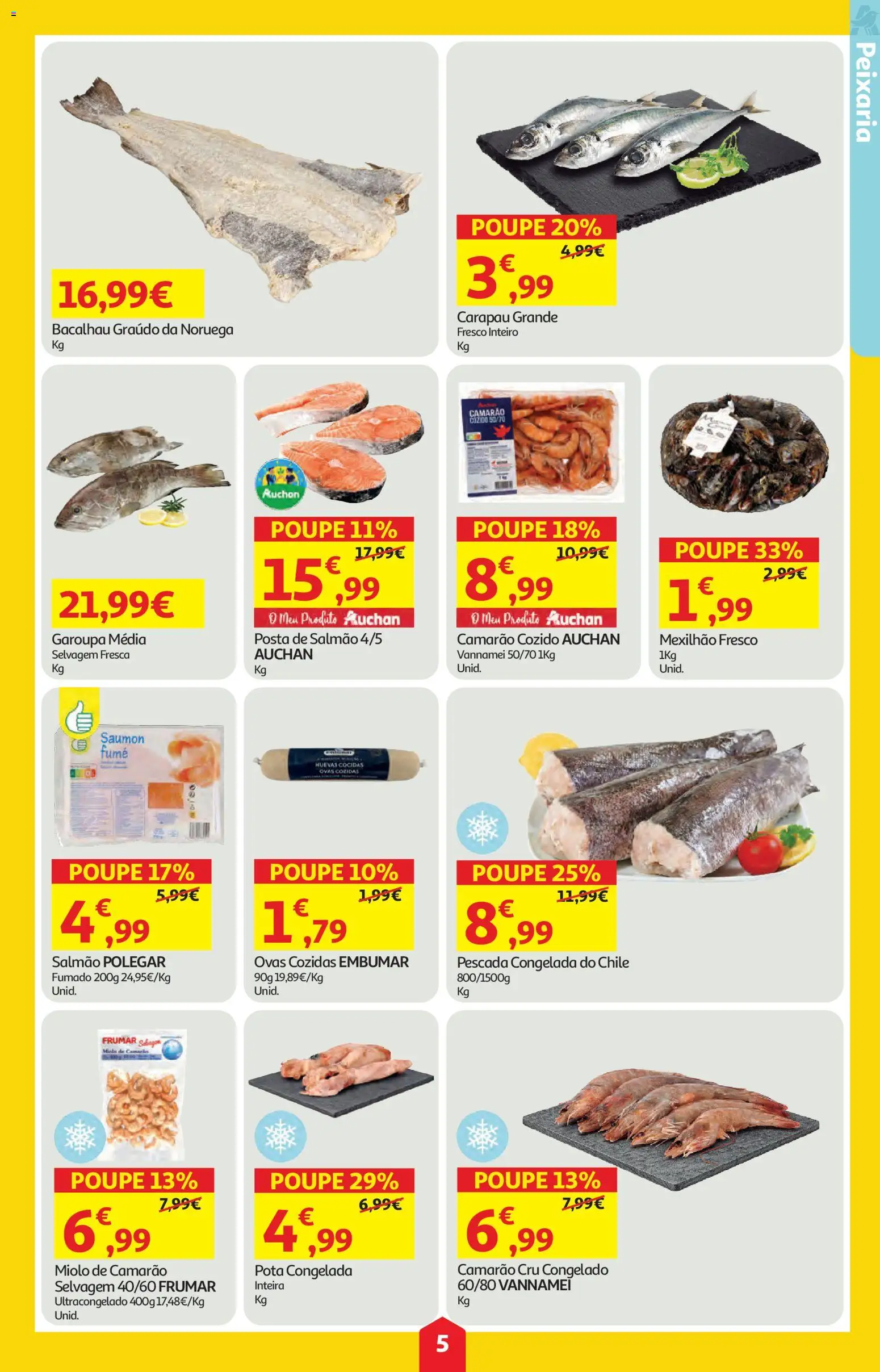 Auchan folheto │ válido de 09/04/2026 | Página: 5 | Produtos: Bacalhau, Pescada, Camarão, Salmão