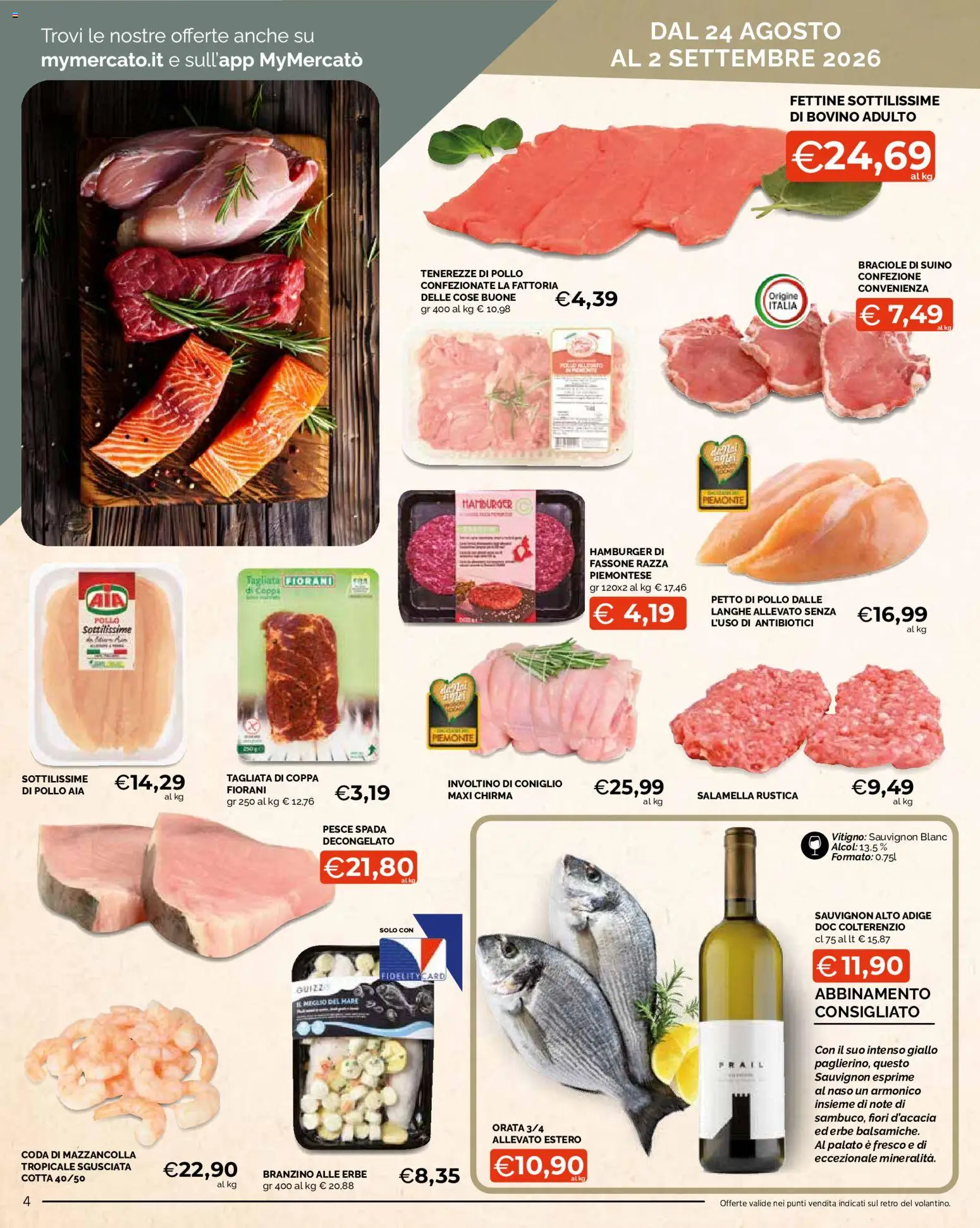 Volantino Mercatò del 24/08/2026 | Pagina: 4 | Prodotti: Petto di Pollo, Erbe, Pollo, Branzino