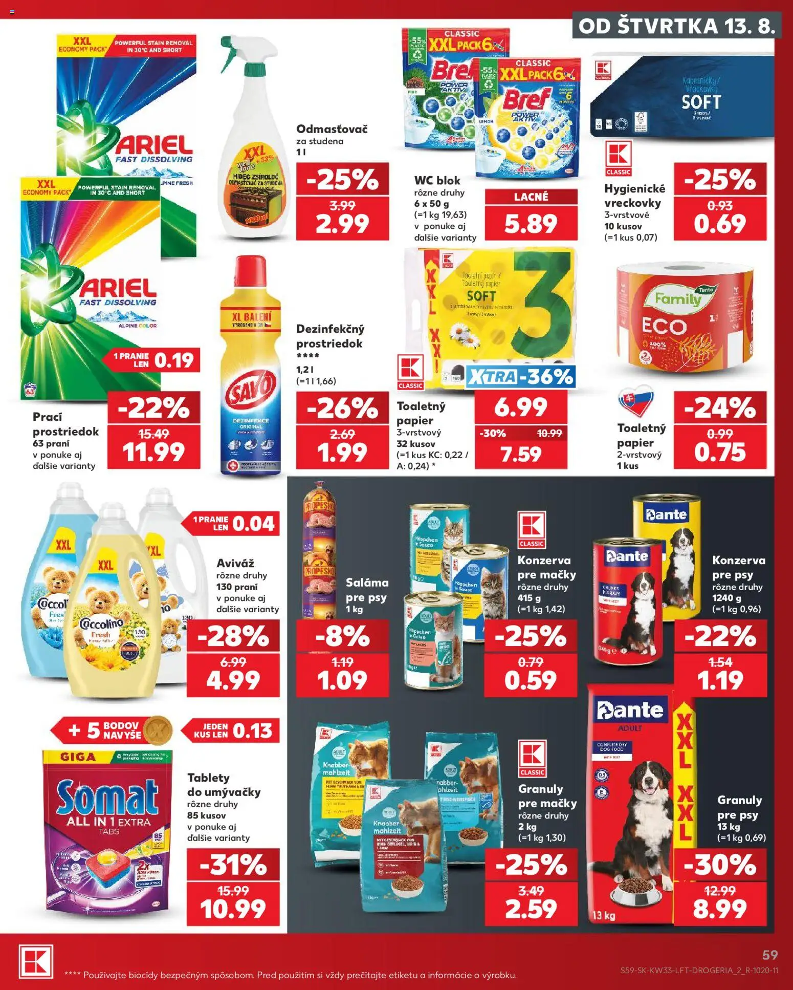 Nové Kaufland akcie – leták je platný od 13.08.2026 | Strana: 59 | Produkty: Saláma, Wc, Savo, Ariel