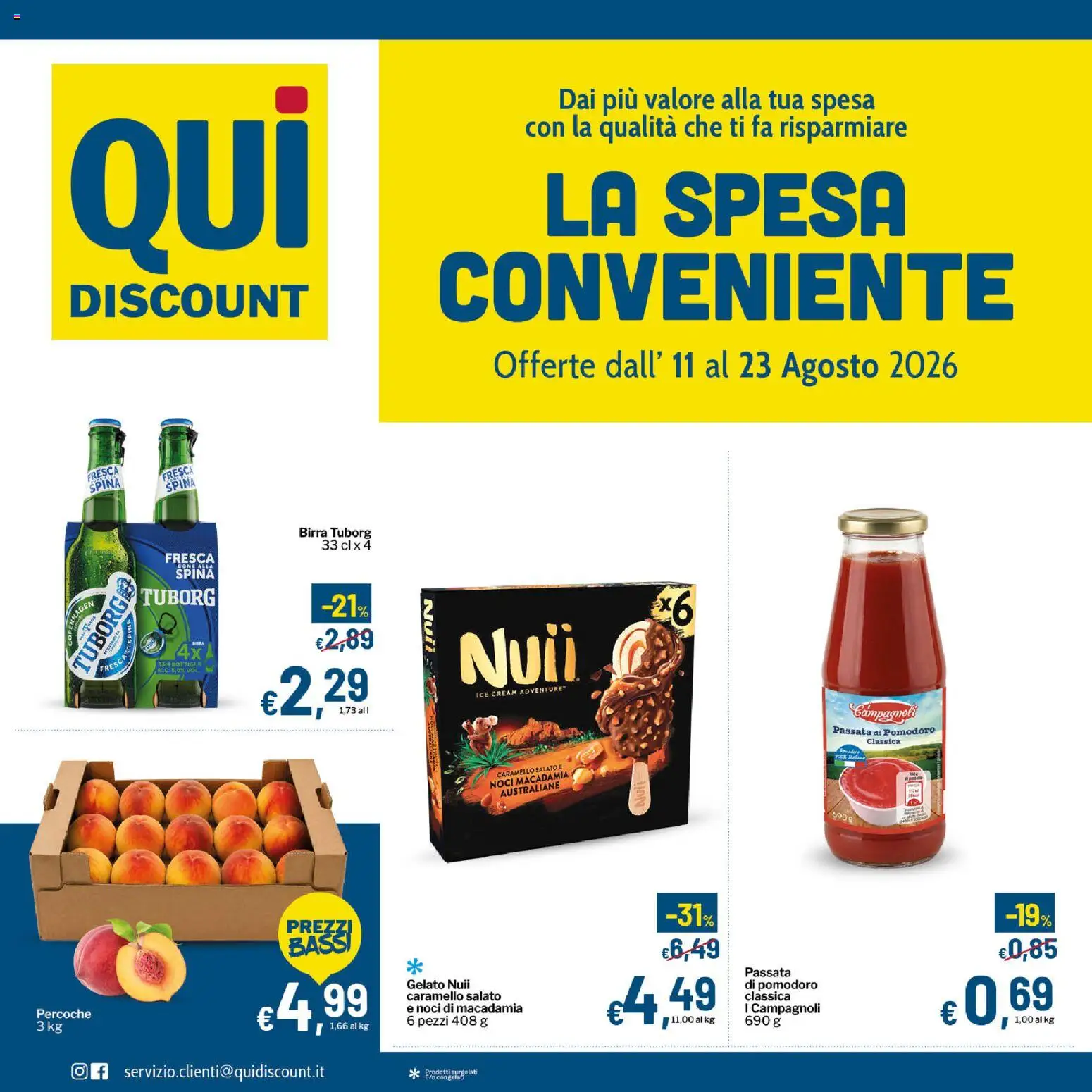 Volantino Qui Discount del 11/08/2026 | Pagina: 1 | Prodotti: Birra, Noci di macadamia, Noci, Passata di pomodoro