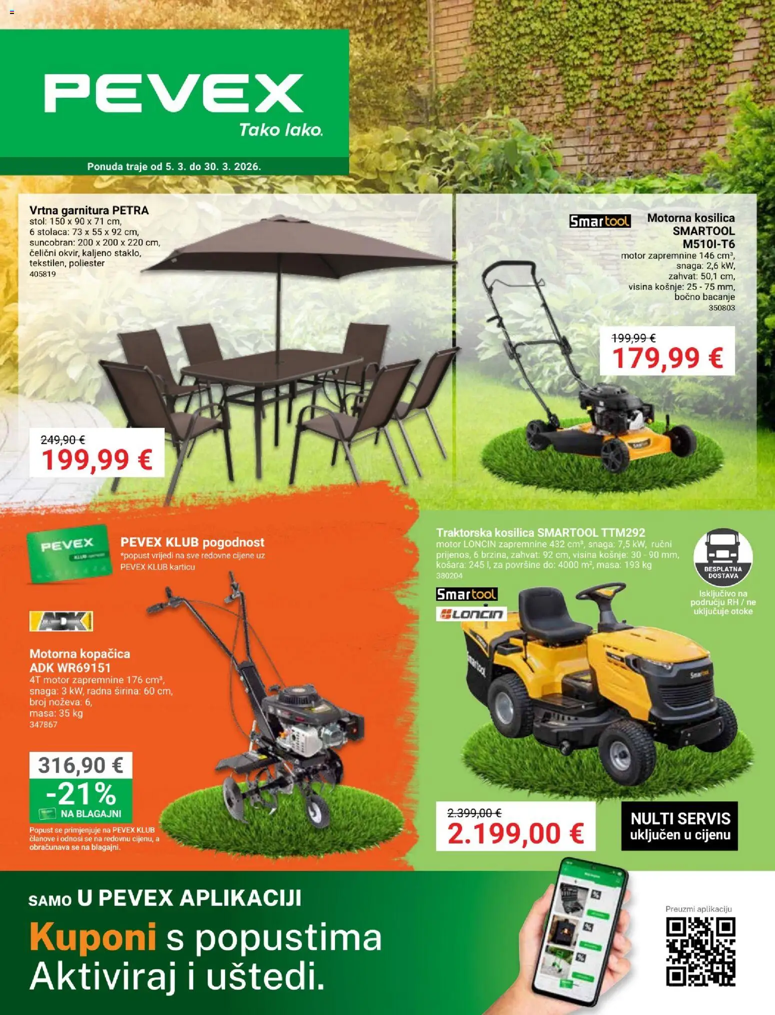 Pevex katalog | vrijedi od 05.03.2026 | Stranica: 1 | Proizvodi: Kosilica, Košara, Suncobran, Traktorska kosilica