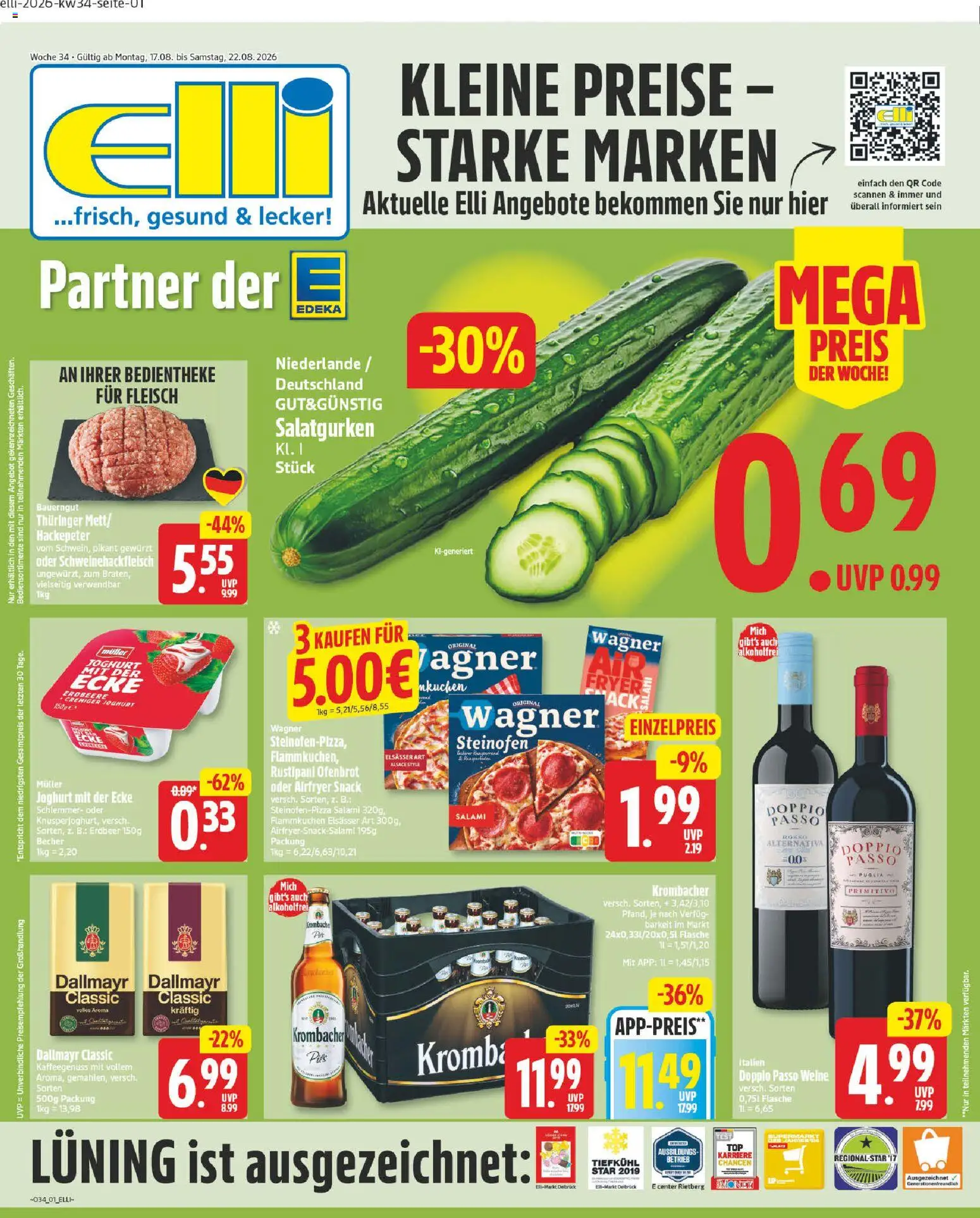 Elli Markt Prospekt Delbrück – gültig ab 17.08.2026 | Seite: 1 | Produkte: Krombacher alkoholfrei, Doppio Passo, Salami, Fleisch