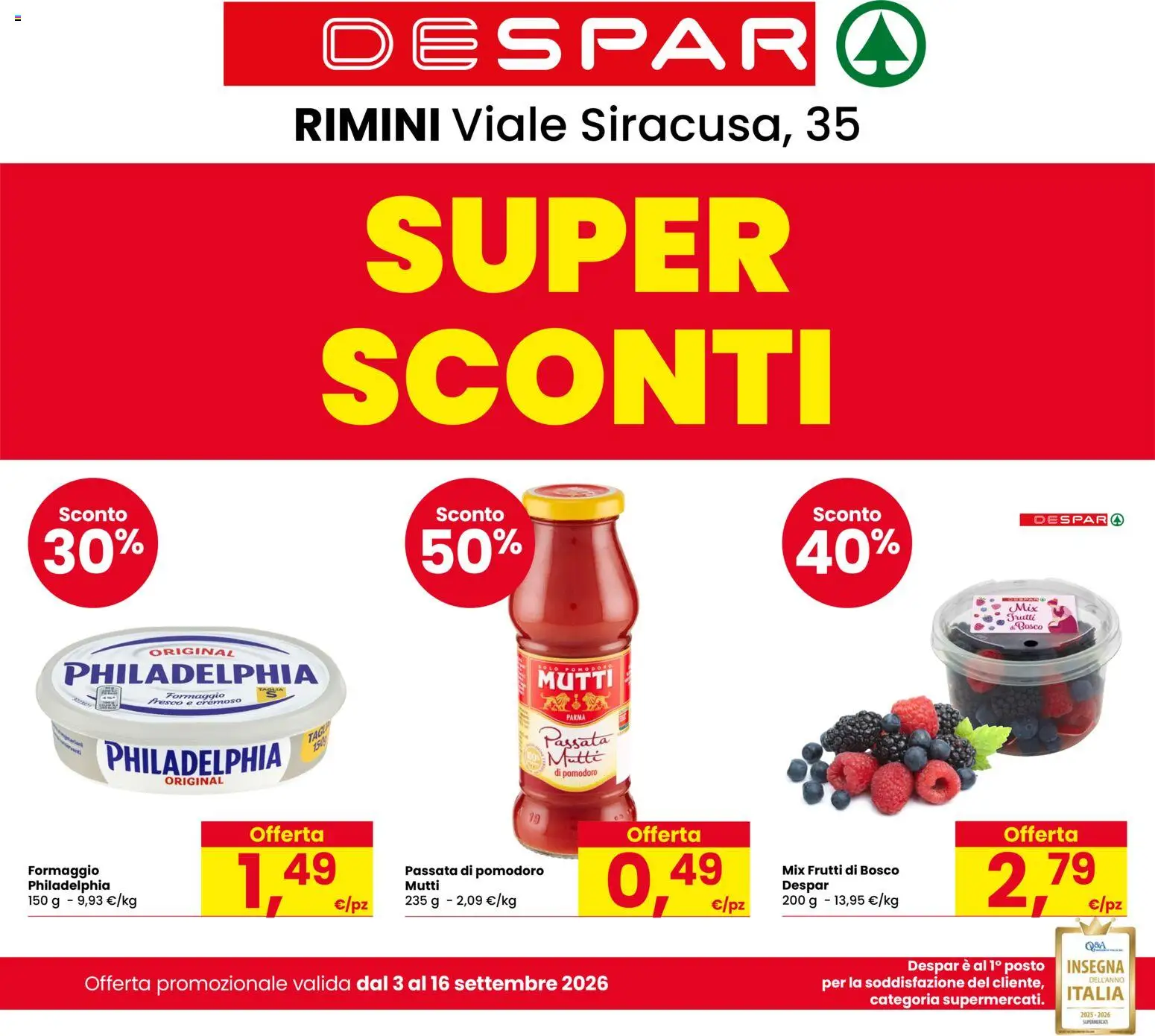 Volantino Despar del 03/09/2026 | Pagina: 1 | Prodotti: Frutti di bosco, Pomodoro, Mutti, Formaggio fresco